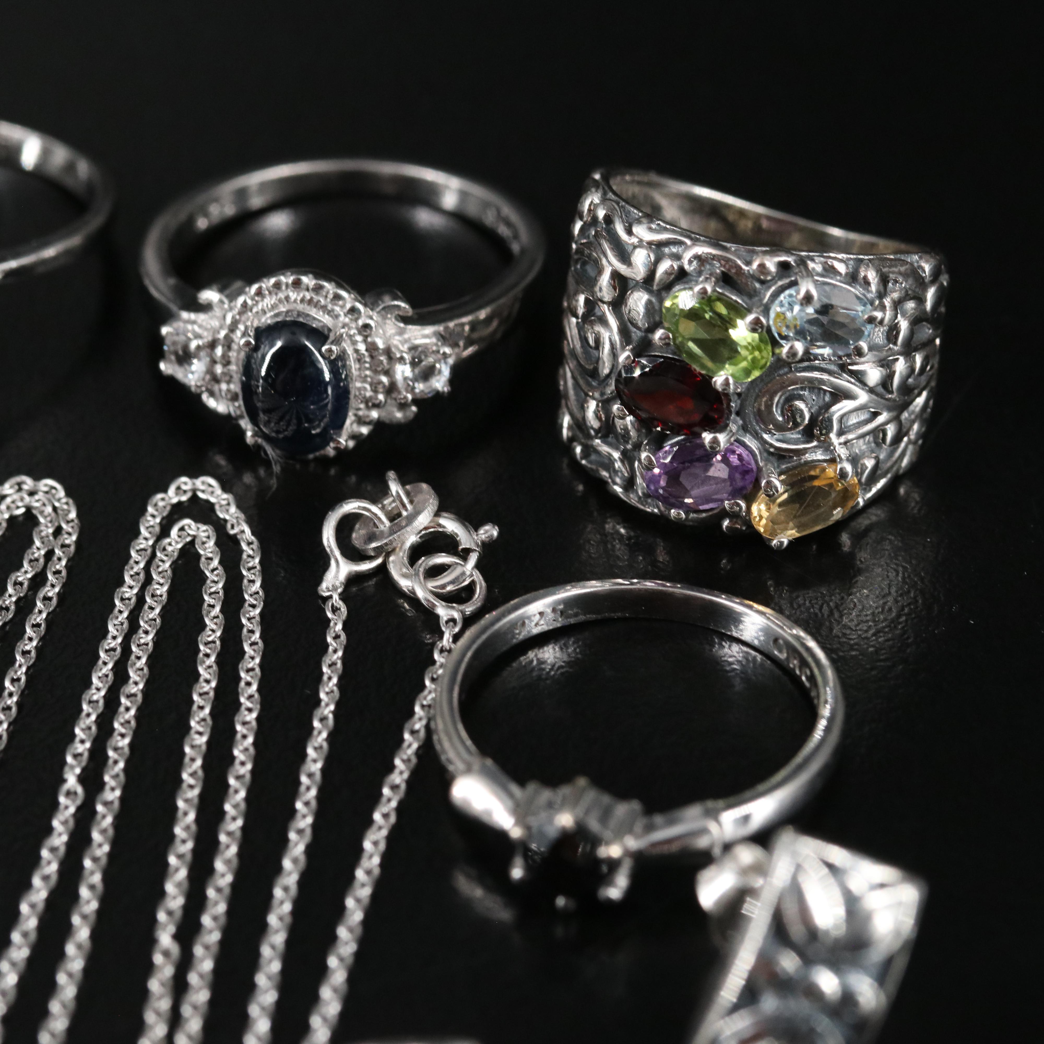 14 Assorted Sterling Silver Rings, Necklaces, and Earrings