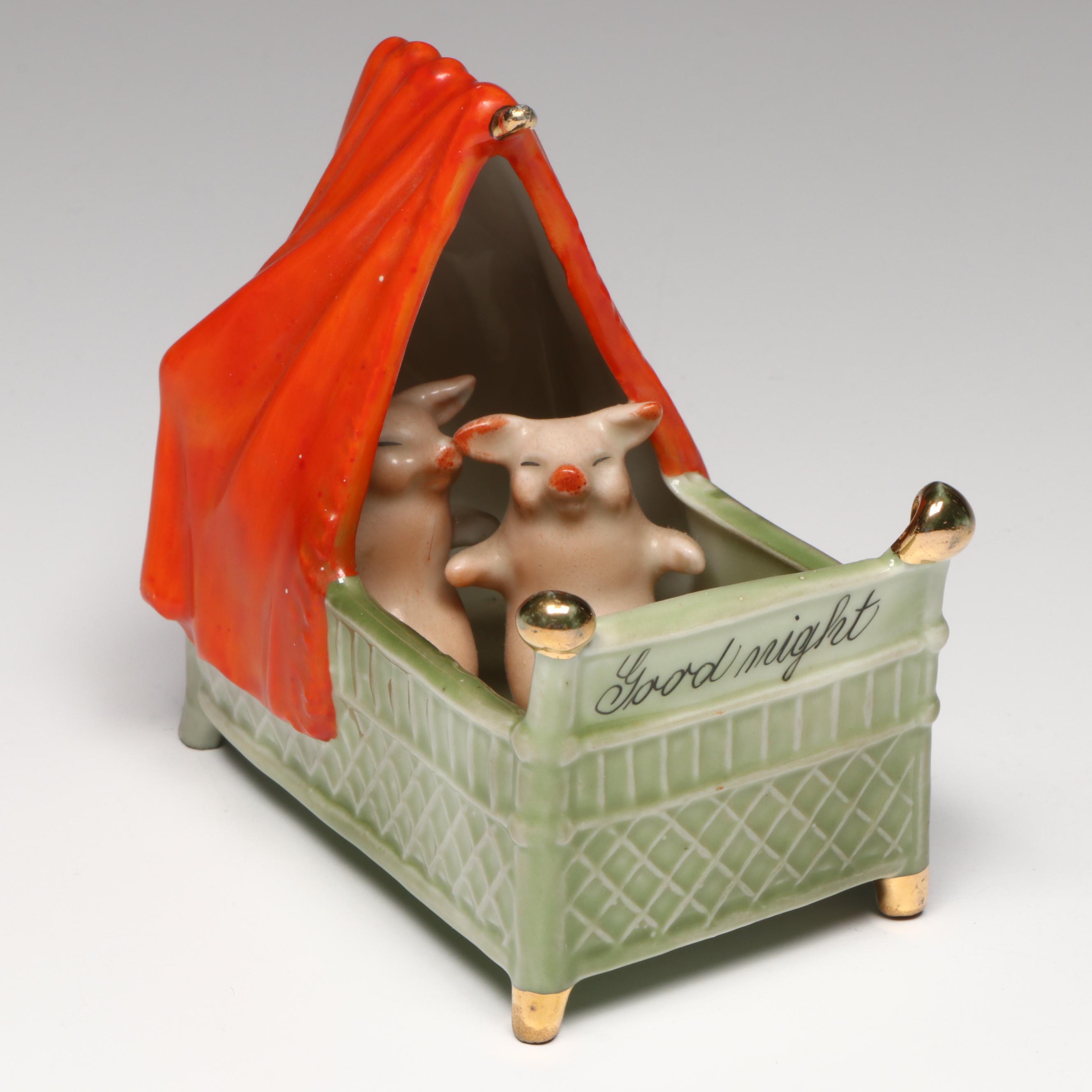 German Porcelain Fairing Pigs in Bed, Early 20th Century