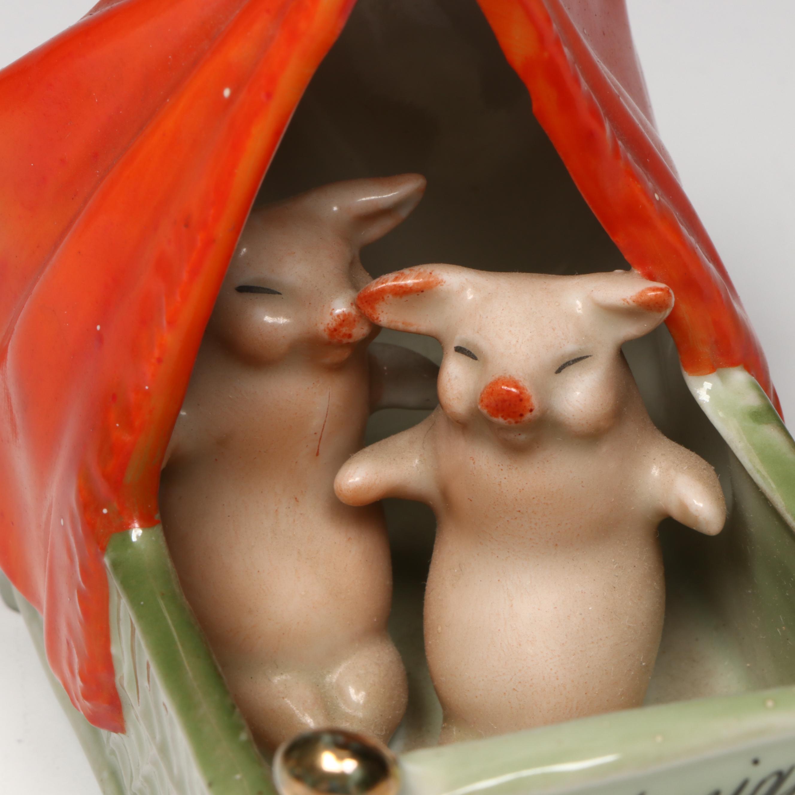 German Porcelain Fairing Pigs in Bed, Early 20th Century