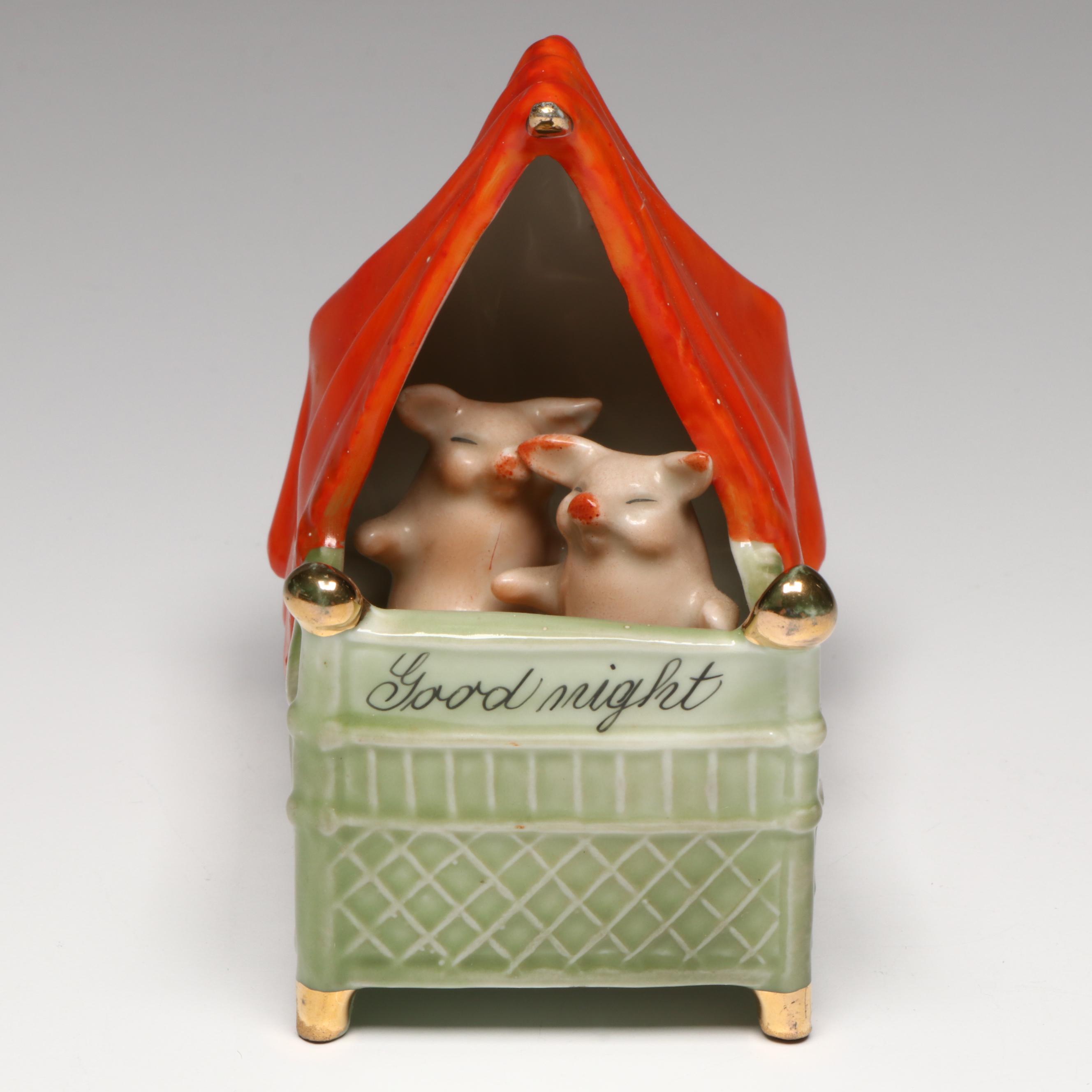 German Porcelain Fairing Pigs in Bed, Early 20th Century