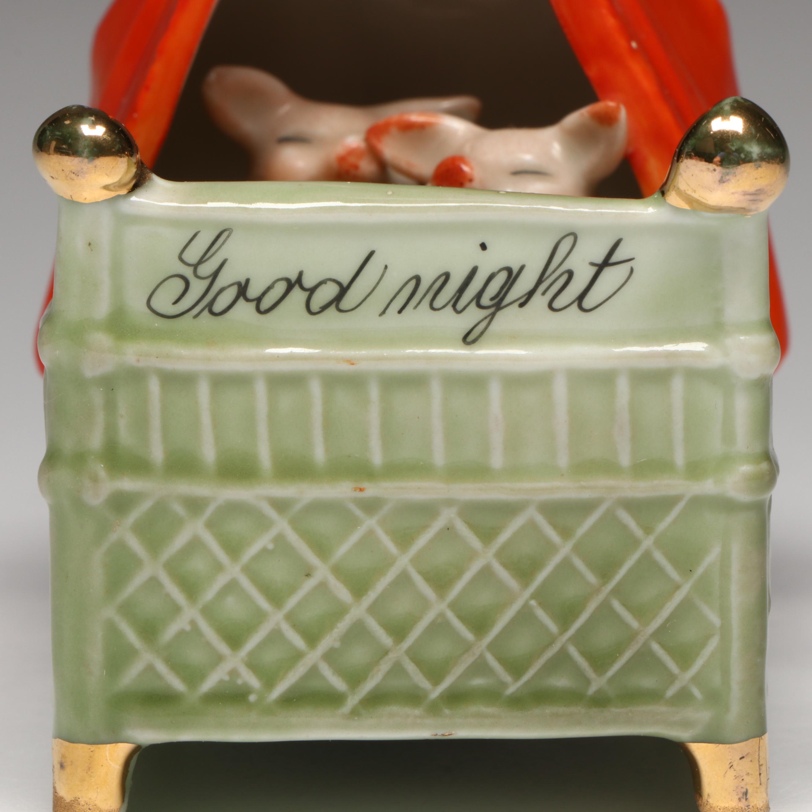 German Porcelain Fairing Pigs in Bed, Early 20th Century