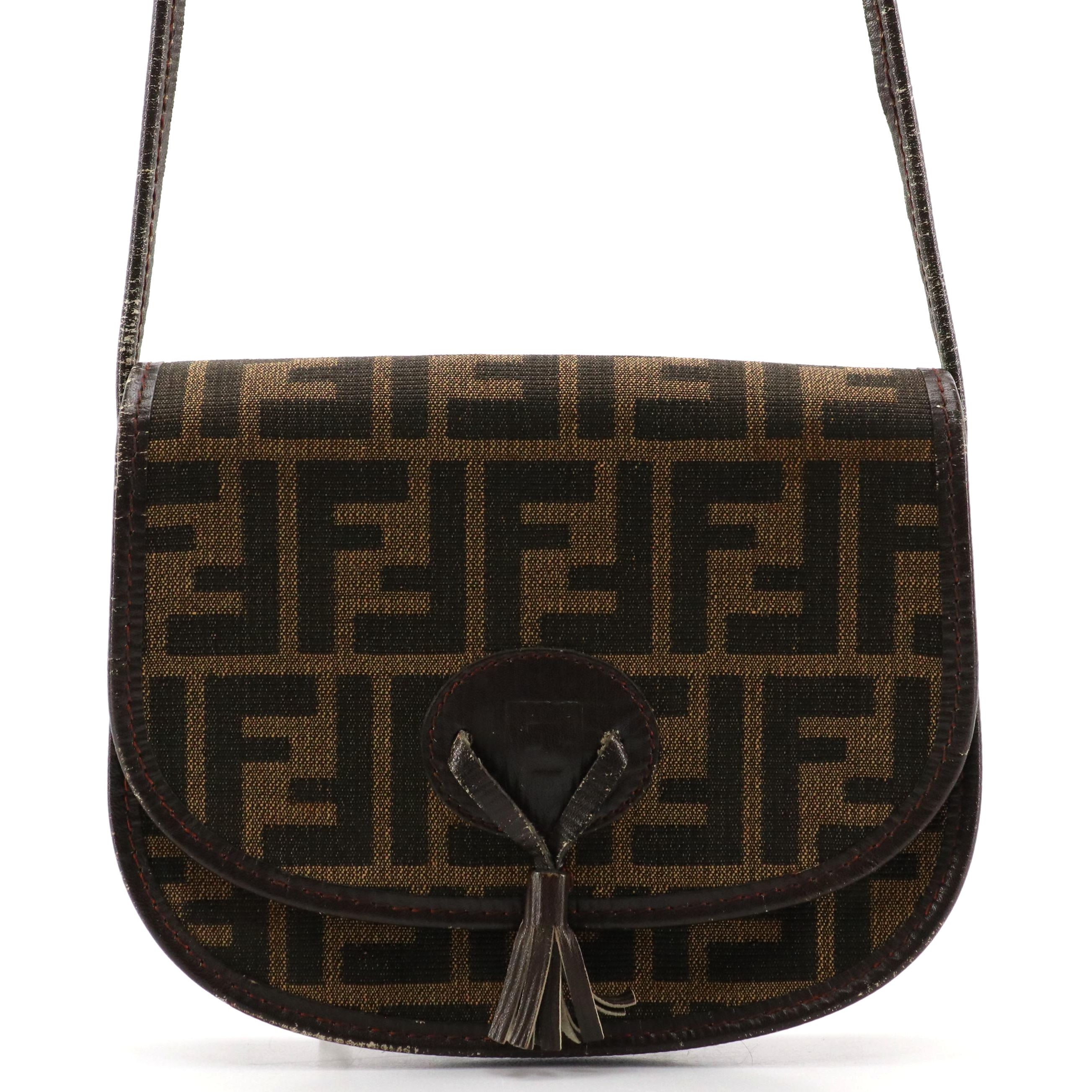 Fendi Zucca Canvas and Leather Tassel Front-Flap Crossbody Bag
