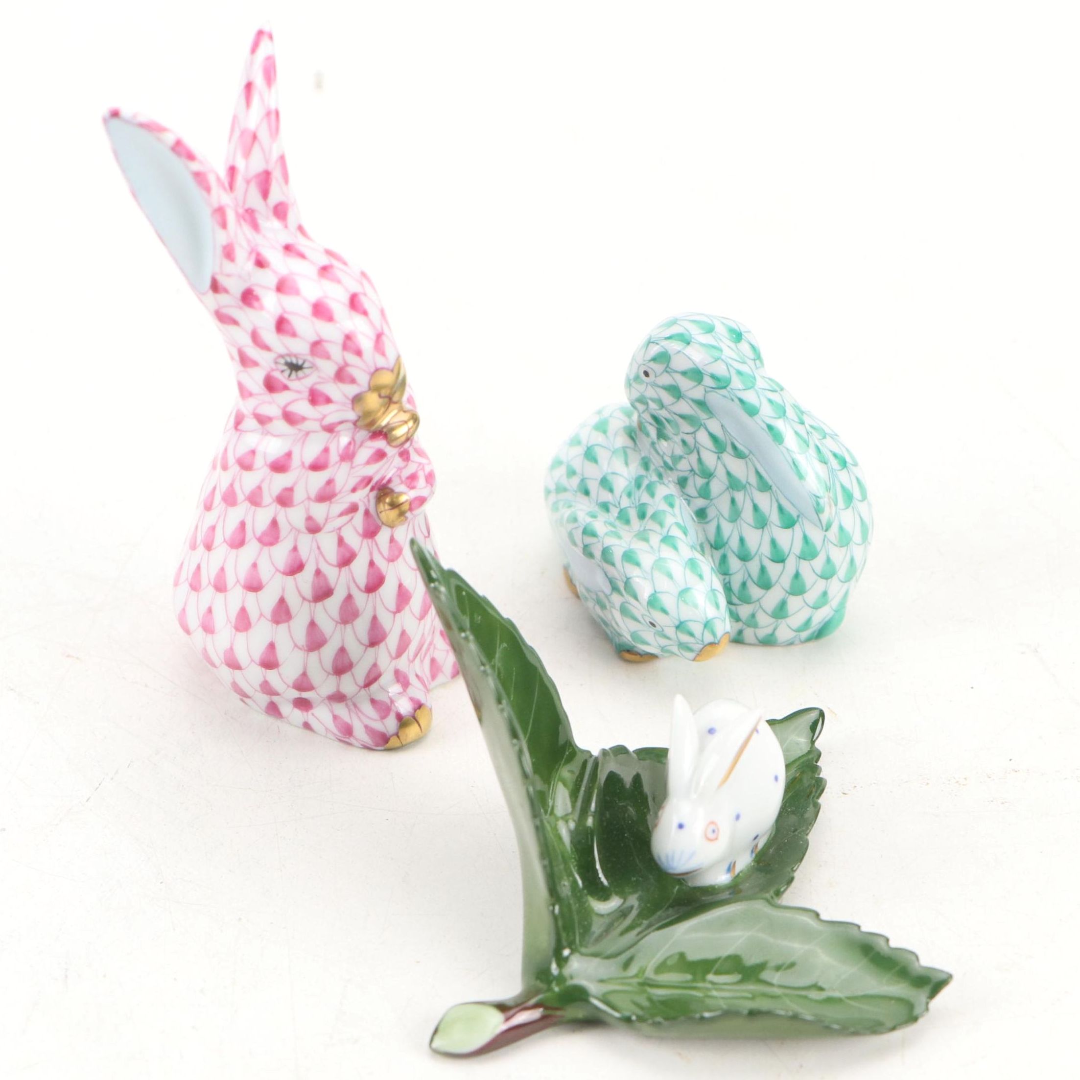 Herend Raspberry Fishnet with Gold "Standing Bunny" Porcelain Figurine and More