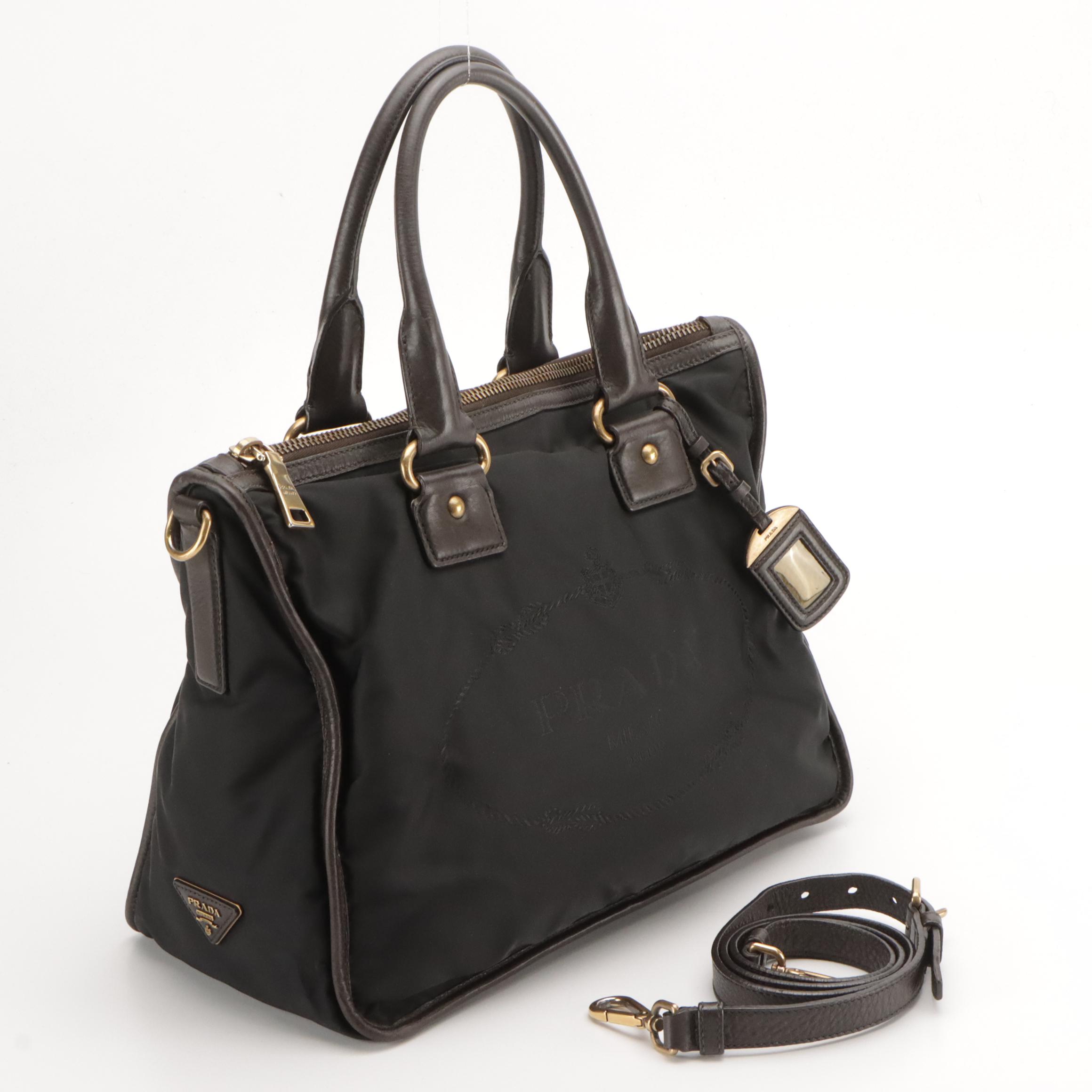 Prada Logo Two-Way Tote in Black Tessuto Nylon and Dark Brown Leather Trim