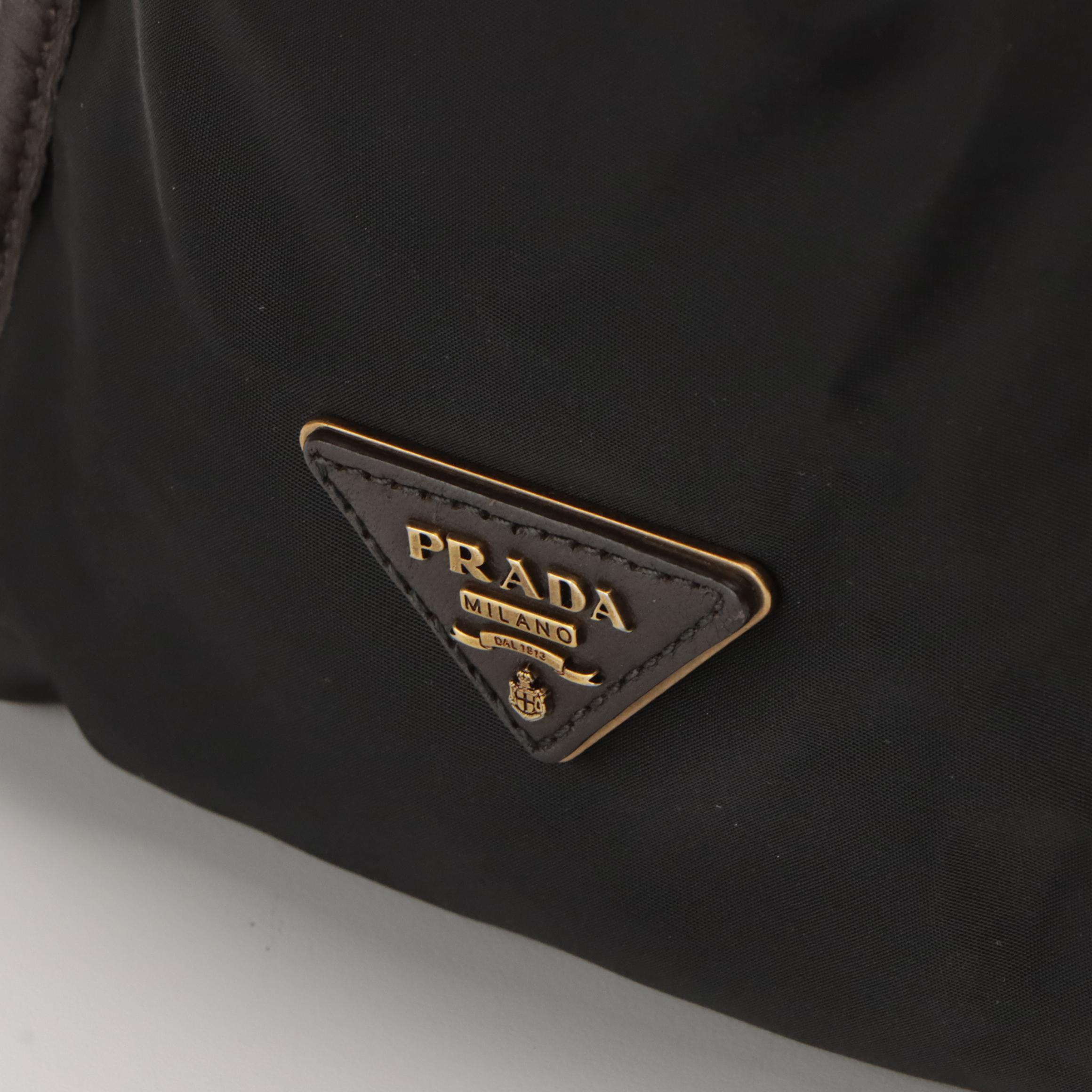 Prada Logo Two-Way Tote in Black Tessuto Nylon and Dark Brown Leather Trim