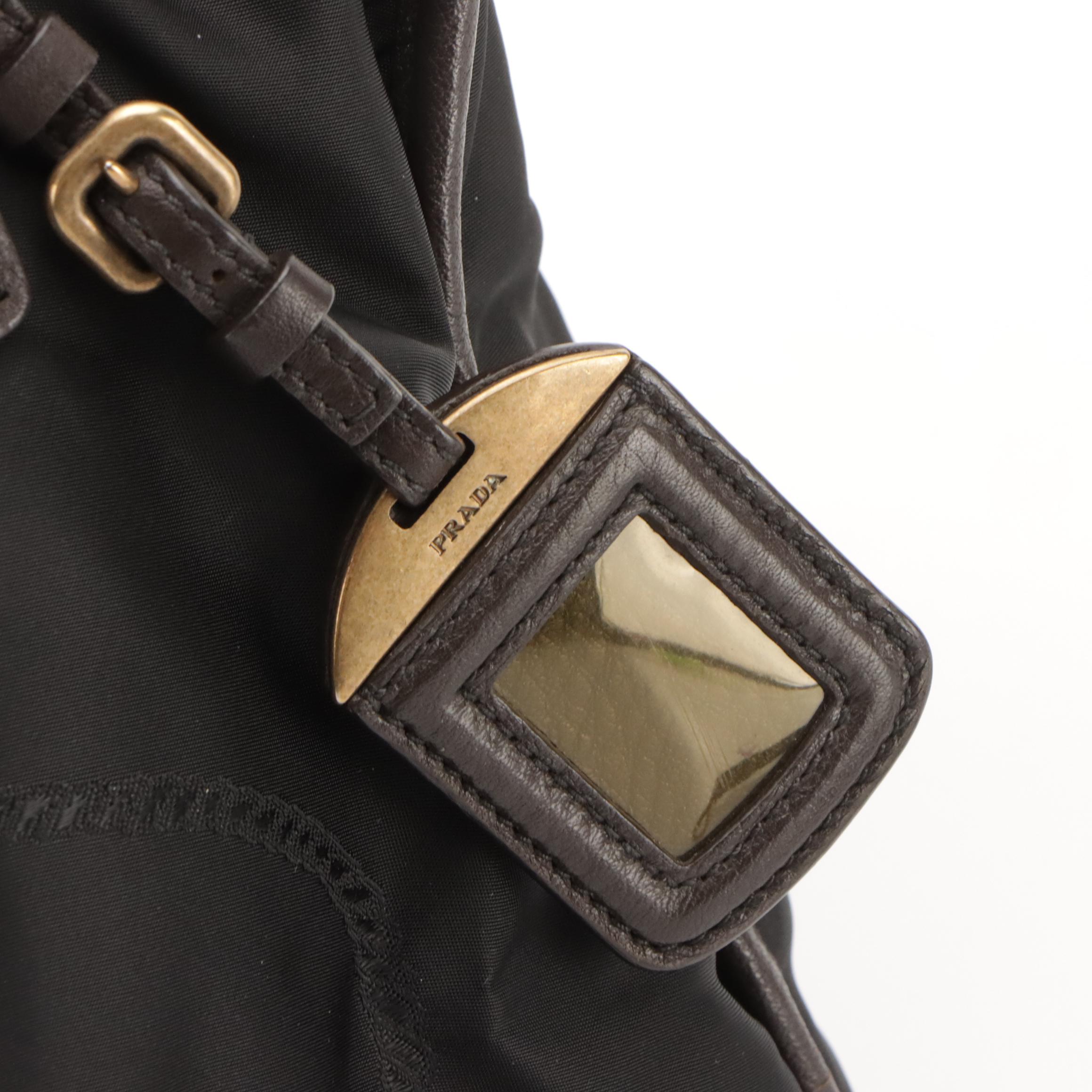 Prada Logo Two-Way Tote in Black Tessuto Nylon and Dark Brown Leather Trim
