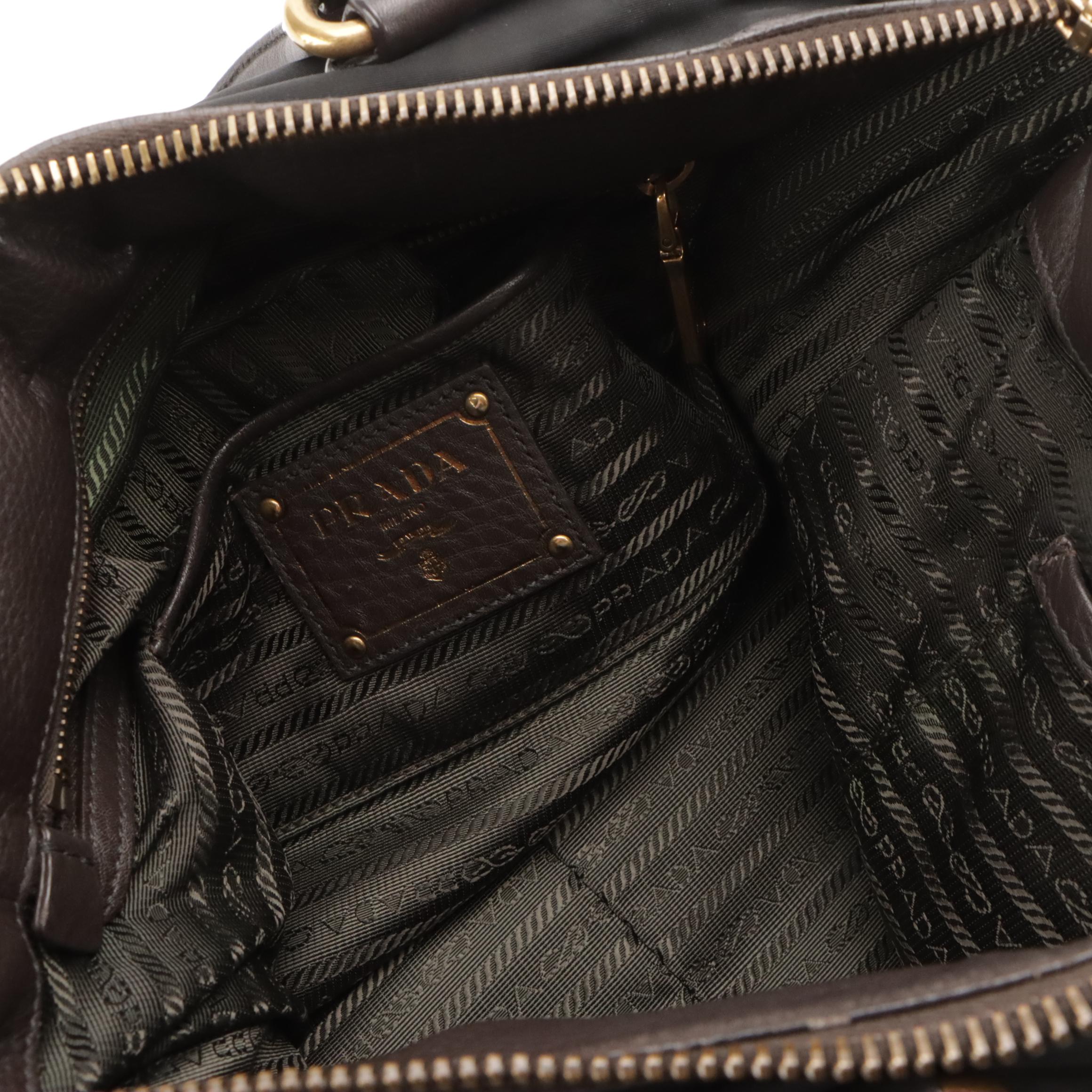 Prada Logo Two-Way Tote in Black Tessuto Nylon and Dark Brown Leather Trim