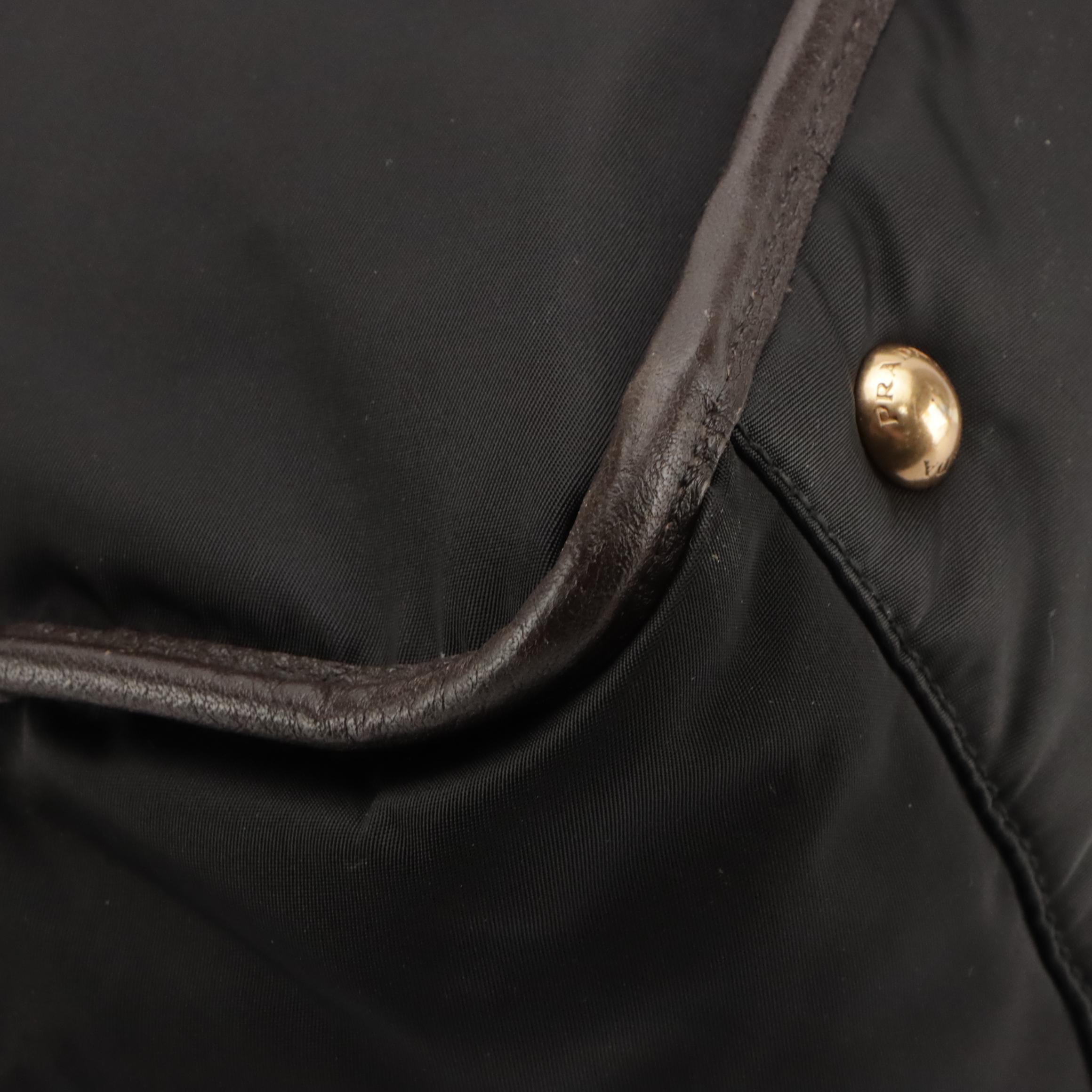 Prada Logo Two-Way Tote in Black Tessuto Nylon and Dark Brown Leather Trim