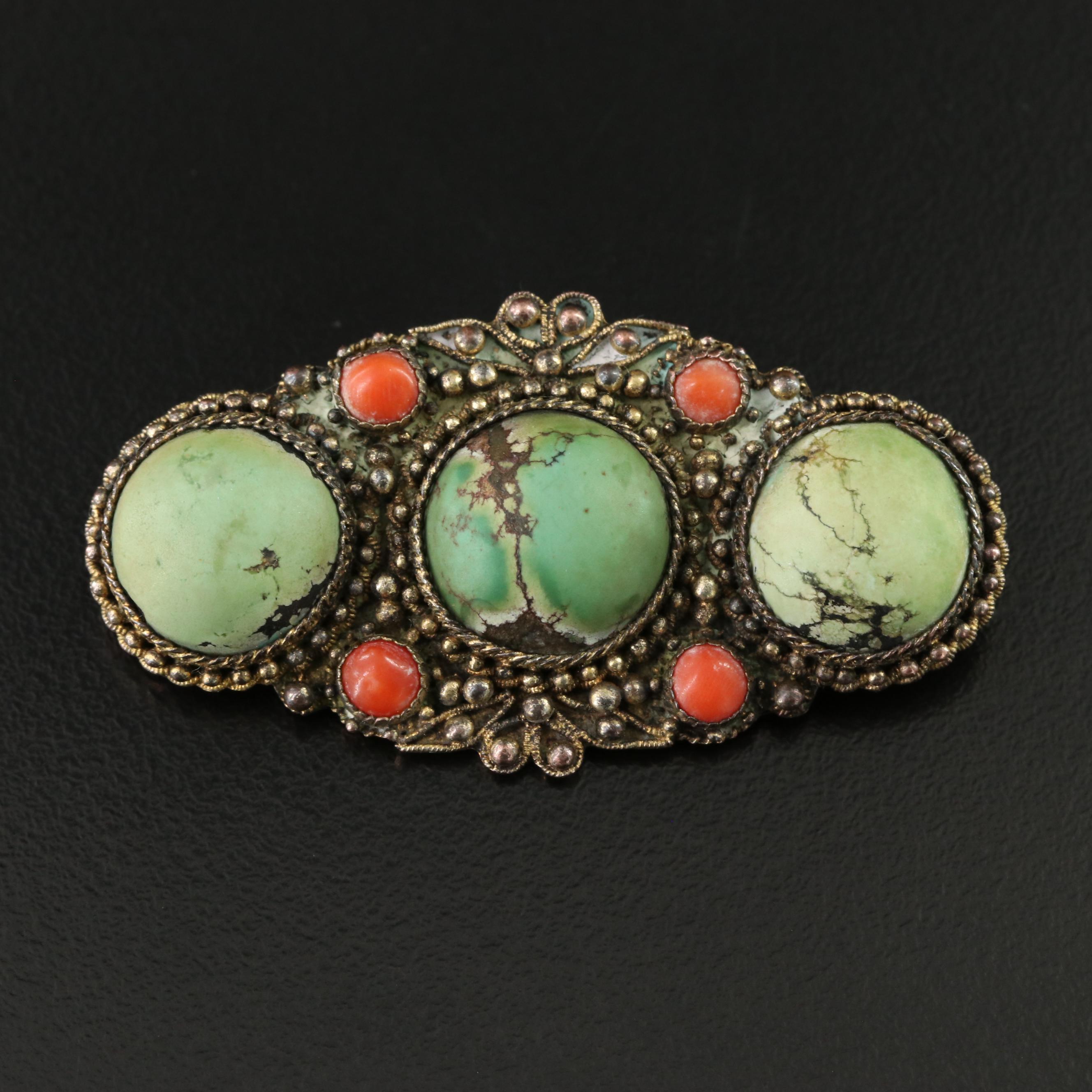 Chinese Export Turquoise and Coral Brooch