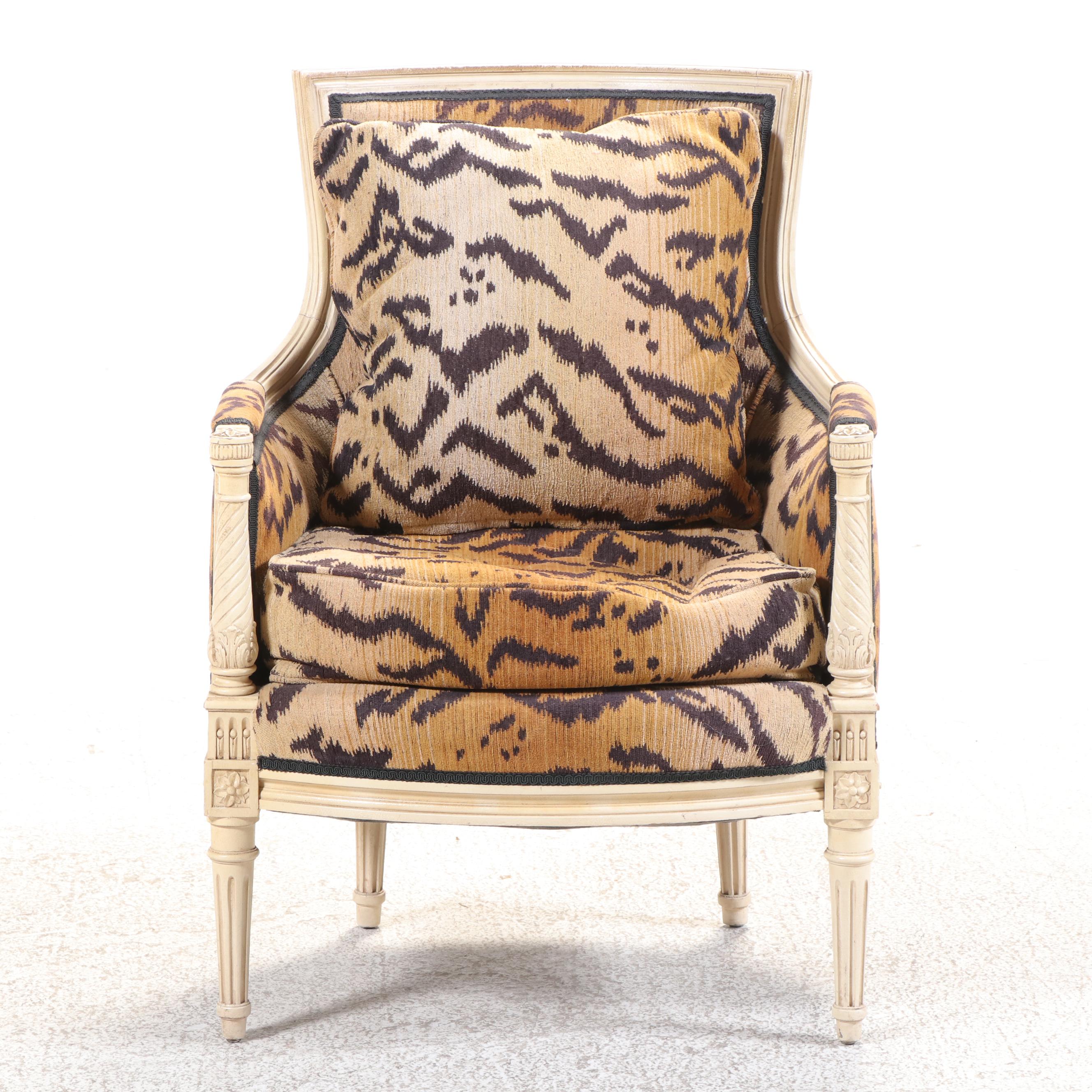Directoire Style Armchair Upholstered in Stylized Tiger Print Fabric