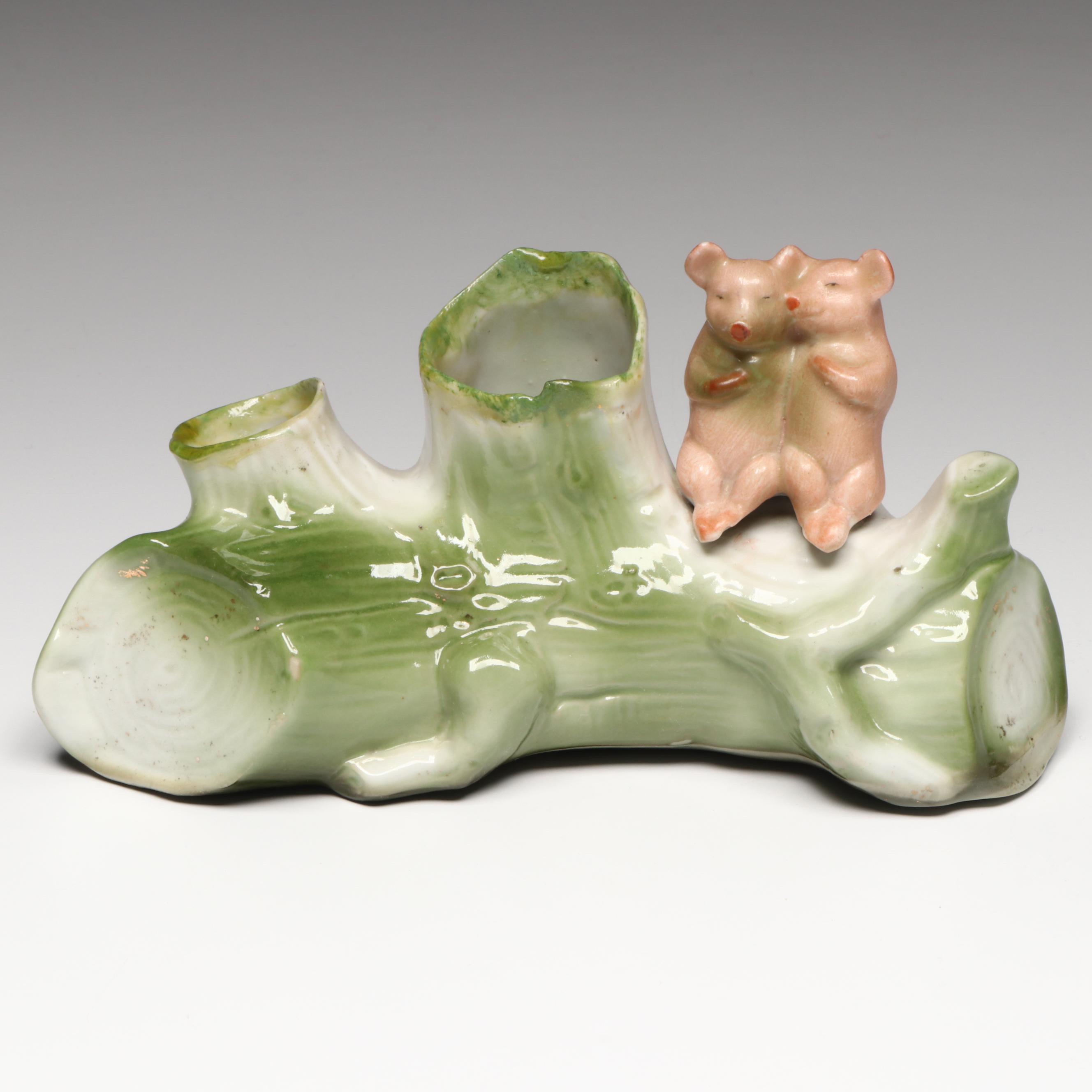 German Porcelain Fairing Pigs on a Log Spill Vase, Early 20th Century