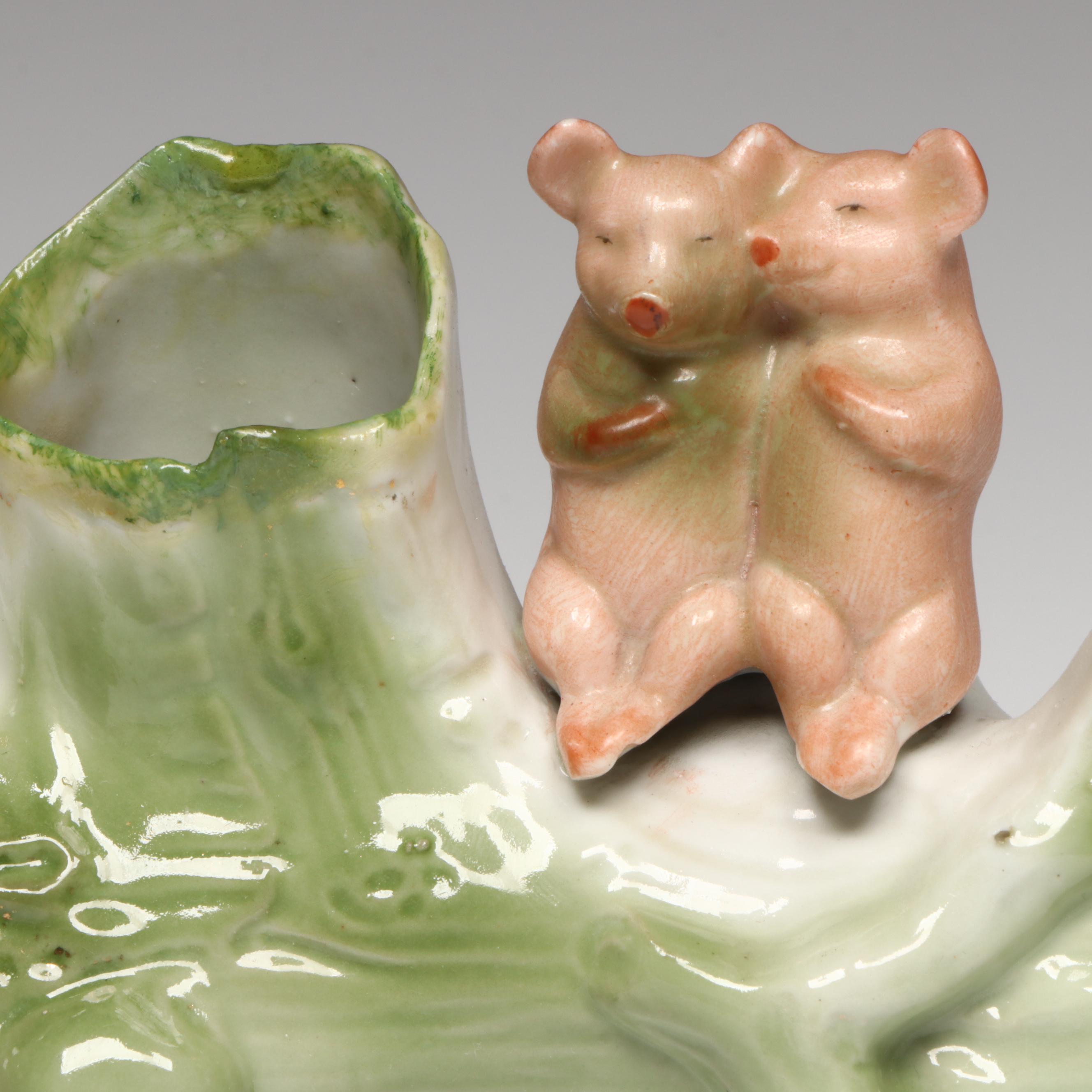 German Porcelain Fairing Pigs on a Log Spill Vase, Early 20th Century