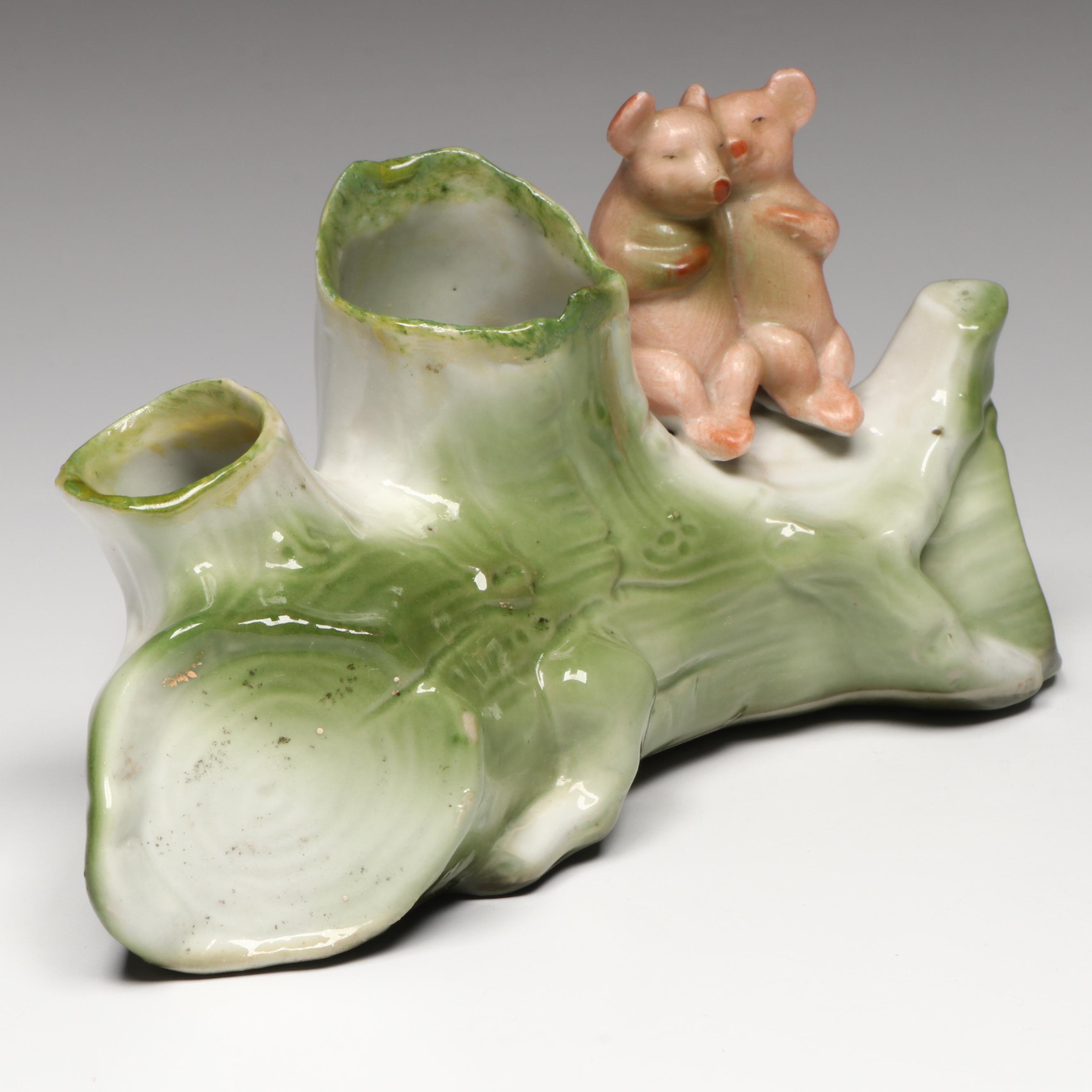 German Porcelain Fairing Pigs on a Log Spill Vase, Early 20th Century
