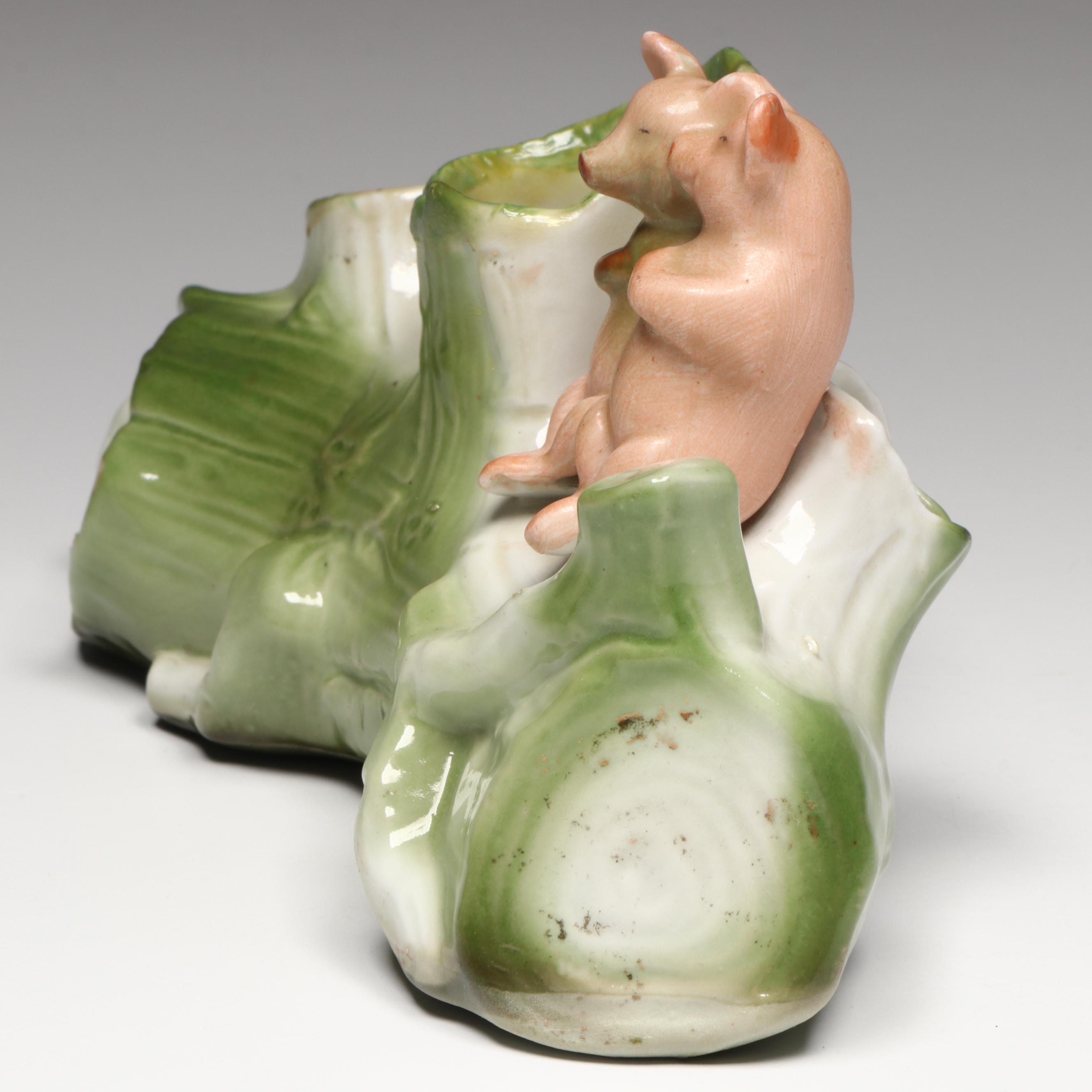 German Porcelain Fairing Pigs on a Log Spill Vase, Early 20th Century