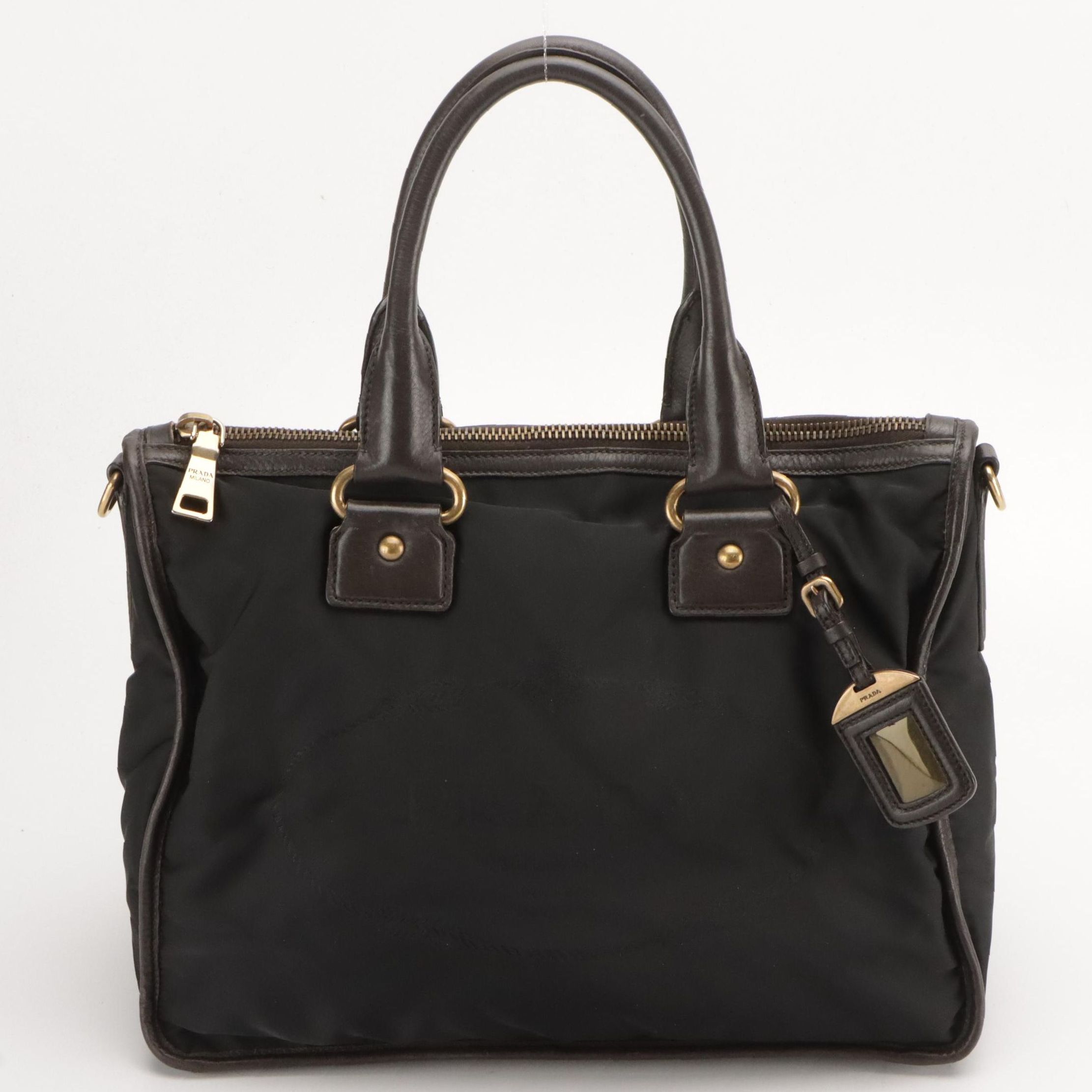 Prada Logo Two-Way Tote in Black Tessuto Nylon and Dark Brown Leather Trim