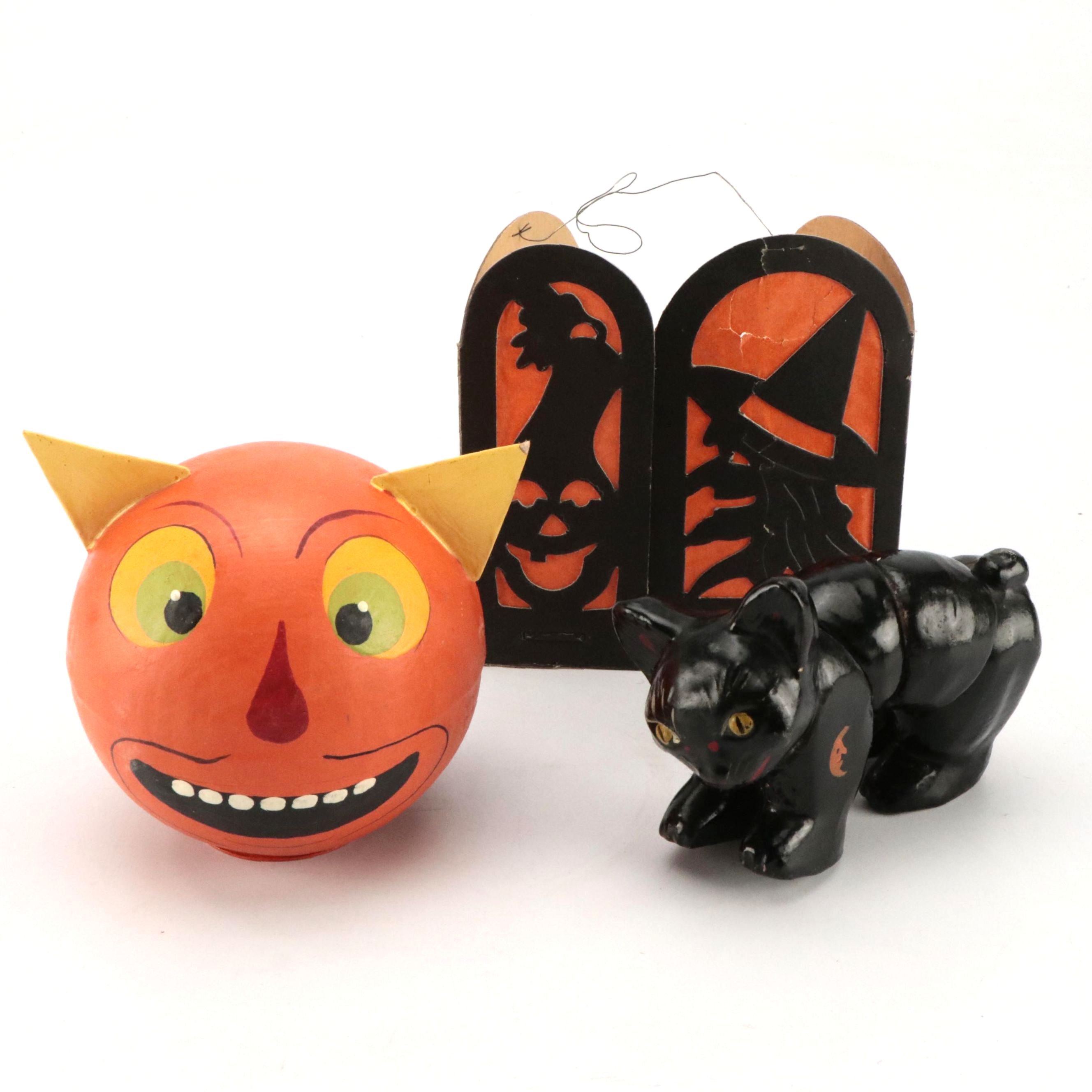 Halloween Papier-Mâché Cat Figurines with Die-Cut Lantern, Mid-20th Century