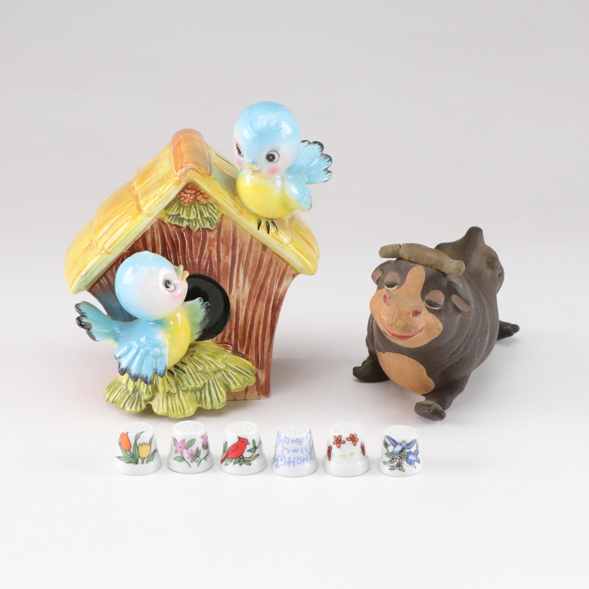 Norcrest Blue Birds Coin Bank with Porcelain Thimbles and Disney Bull
