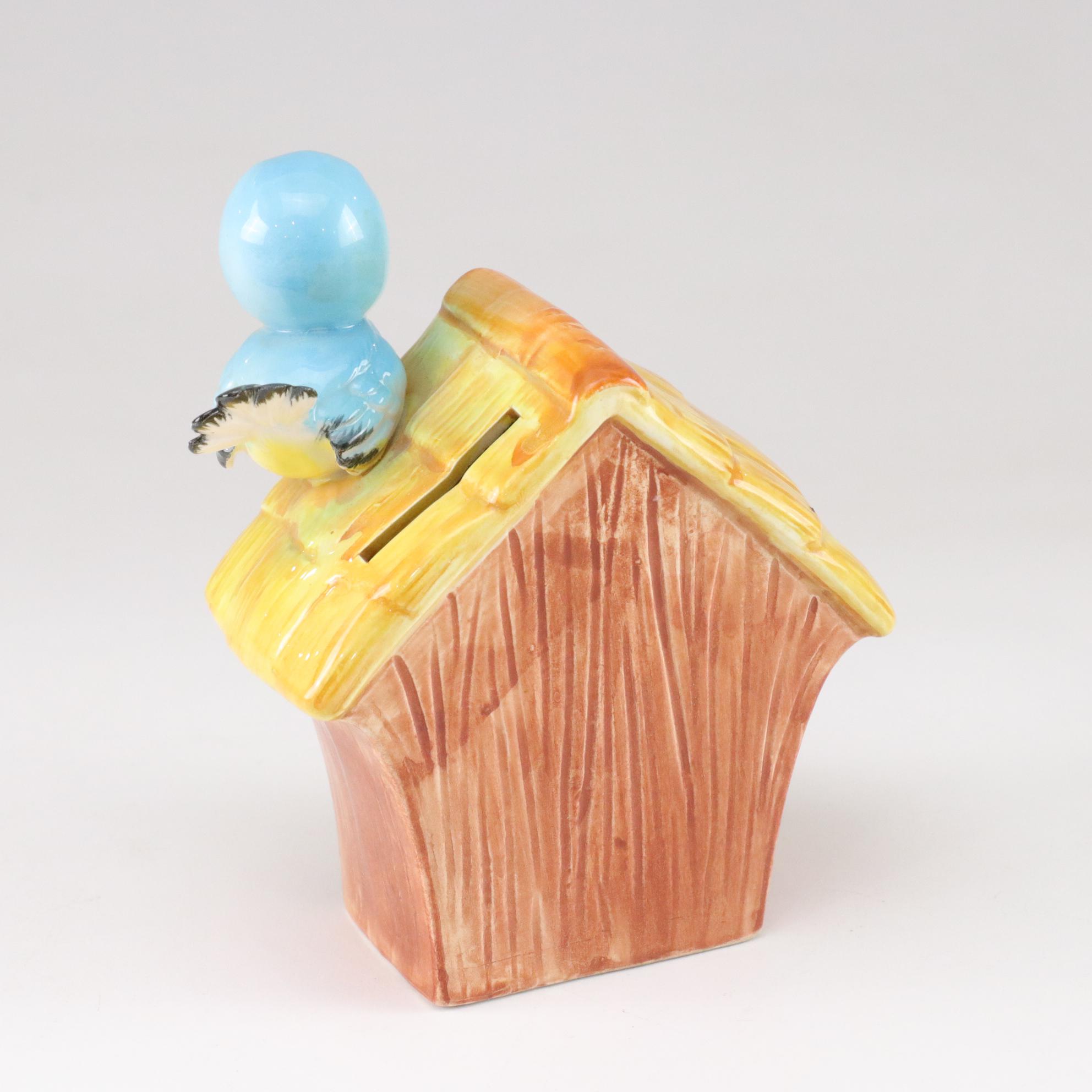 Norcrest Blue Birds Coin Bank with Porcelain Thimbles and Disney Bull