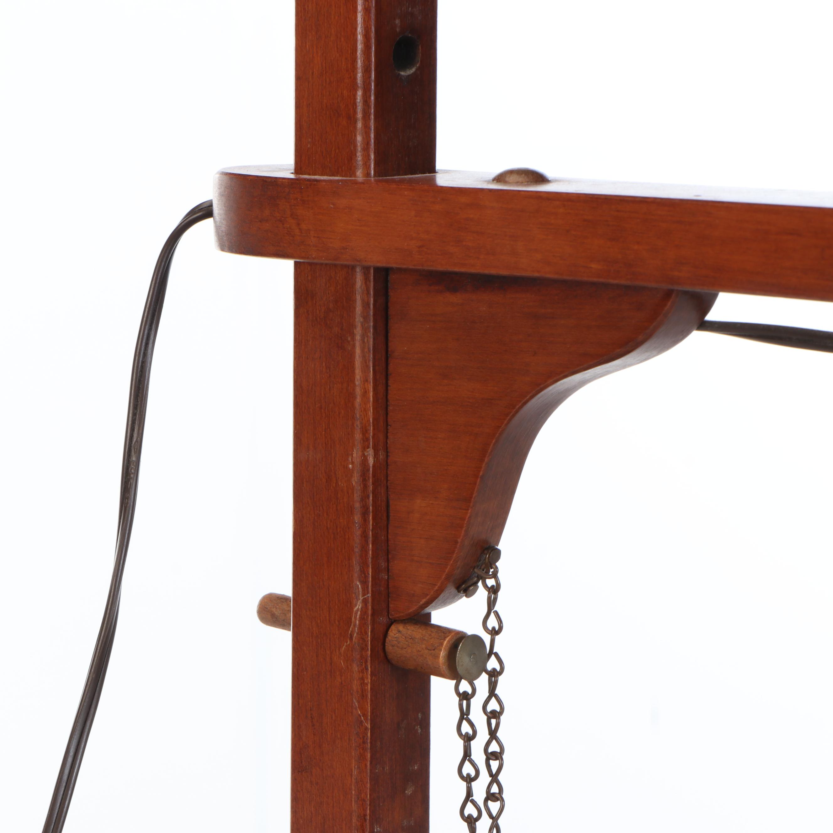 Wooden Table Lamp with Hinged Drawer, Adjustable Arm, and Glass Hurricane