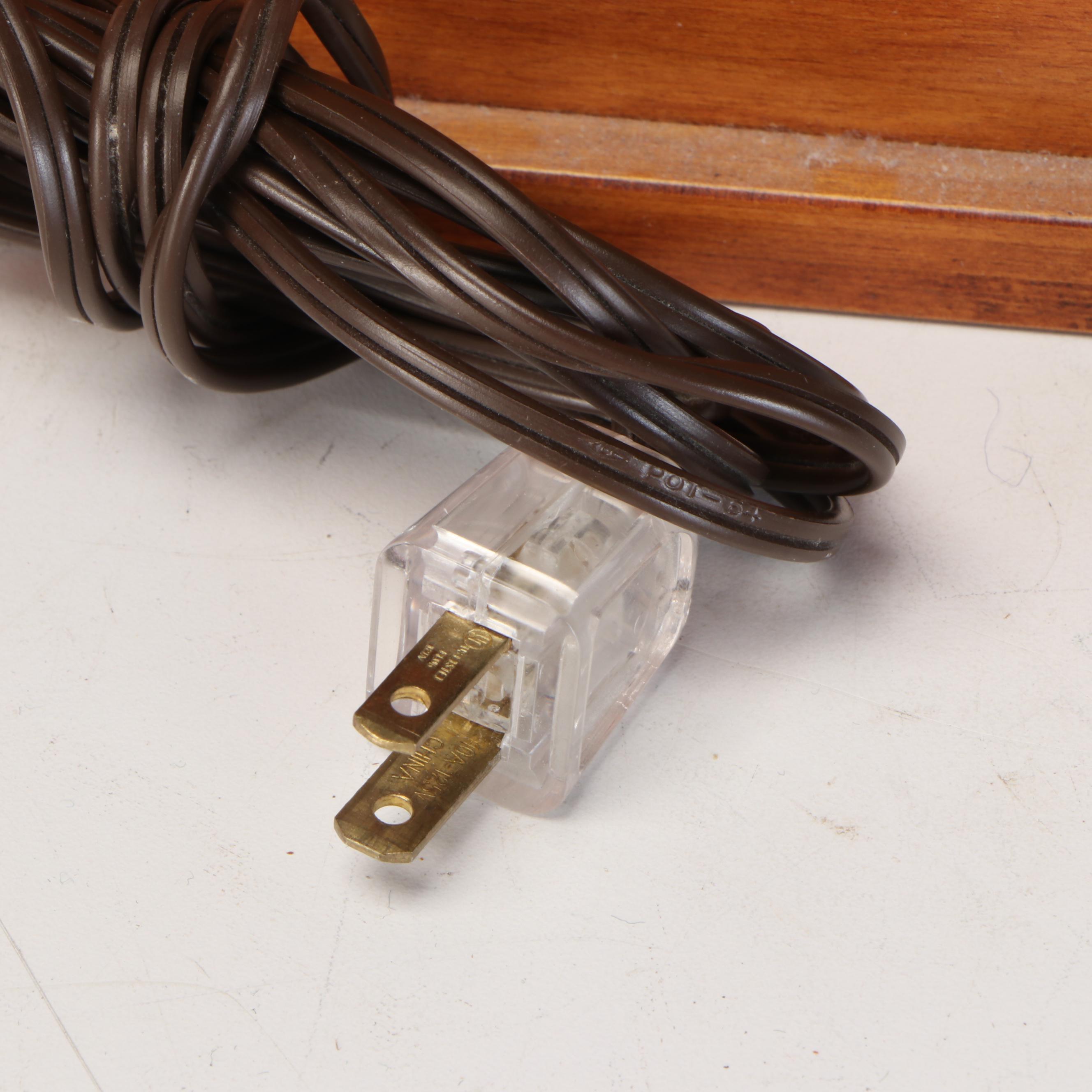 Wooden Table Lamp with Hinged Drawer, Adjustable Arm, and Glass Hurricane