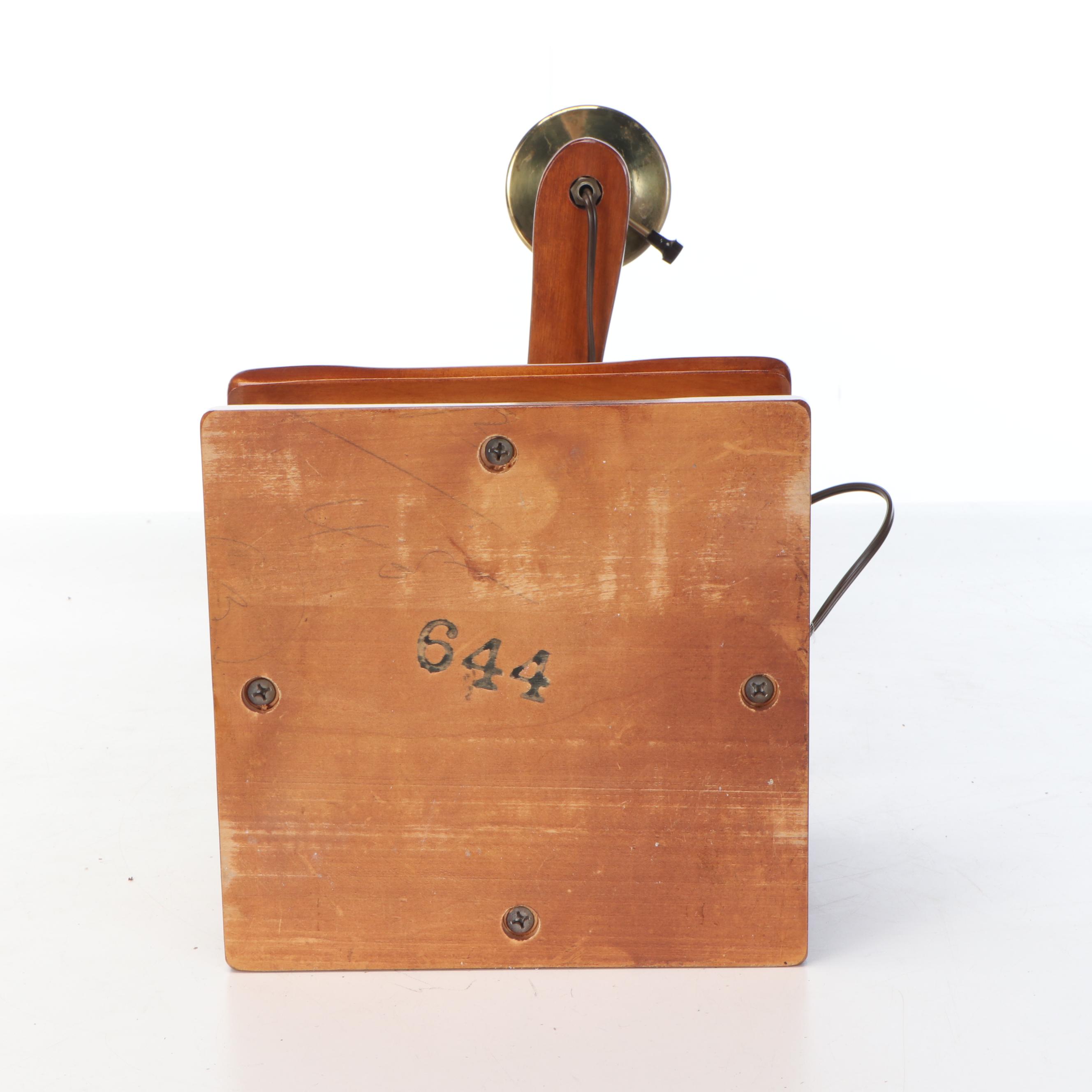 Wooden Table Lamp with Hinged Drawer, Adjustable Arm, and Glass Hurricane