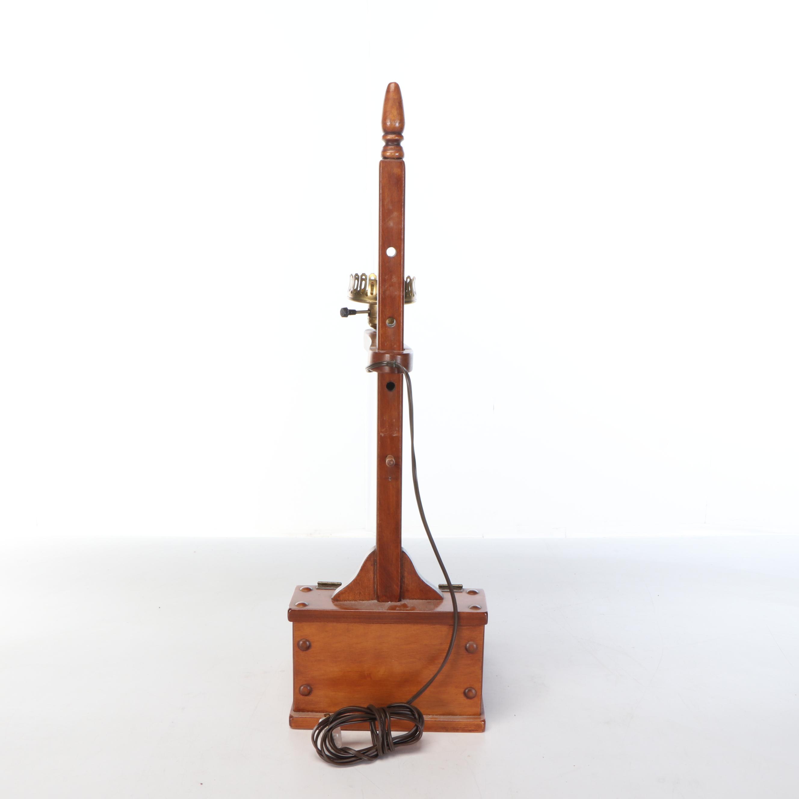 Wooden Table Lamp with Hinged Drawer, Adjustable Arm, and Glass Hurricane