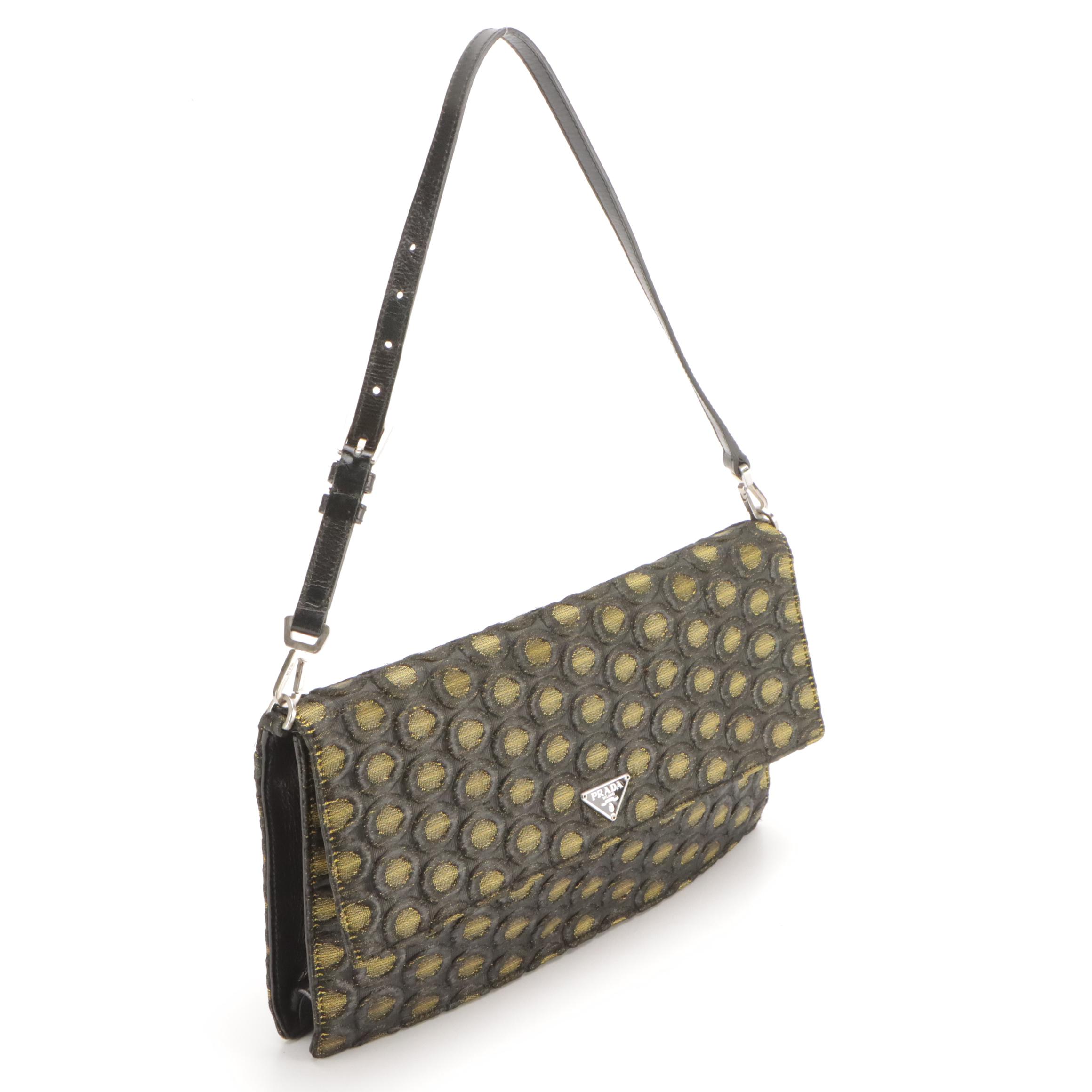 Prada Clutch/Shoulder Bag in Ring Pattern Textured Satin with Leather Trim