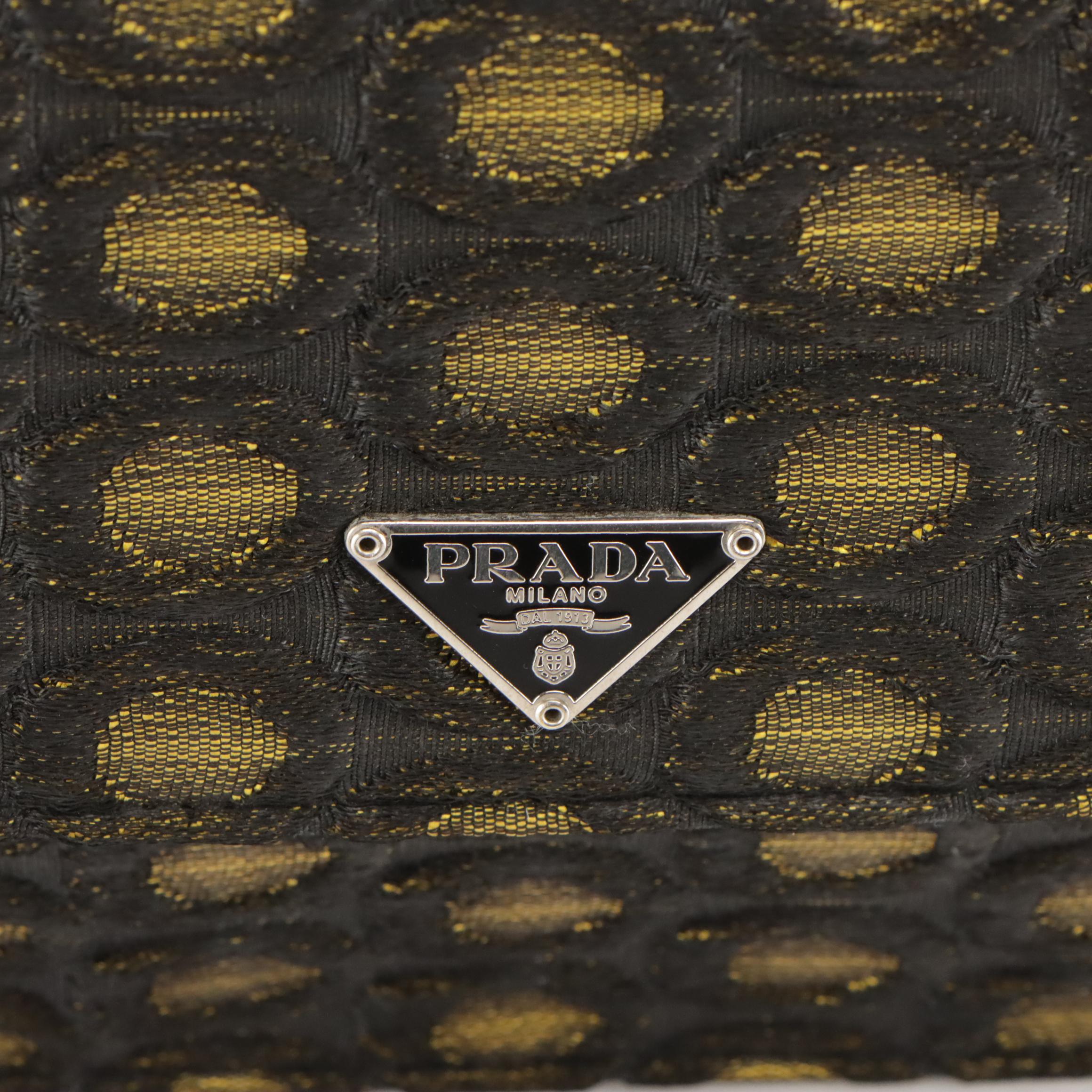 Prada Clutch/Shoulder Bag in Ring Pattern Textured Satin with Leather Trim