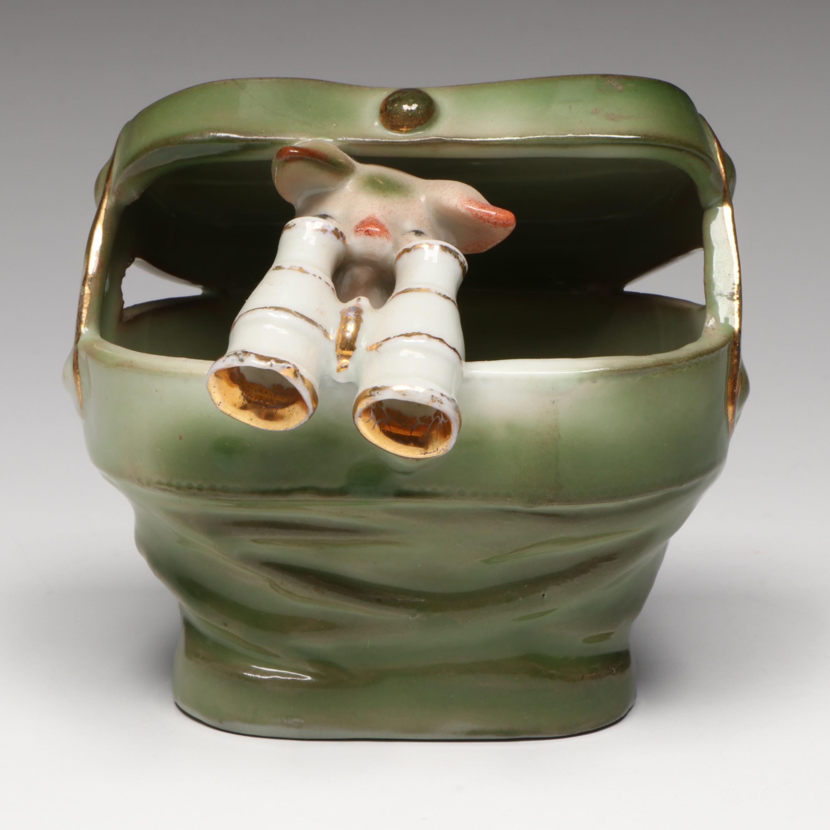 German Porcelain Fairing Pig Opera Glasses Figurine, Early 20th Century