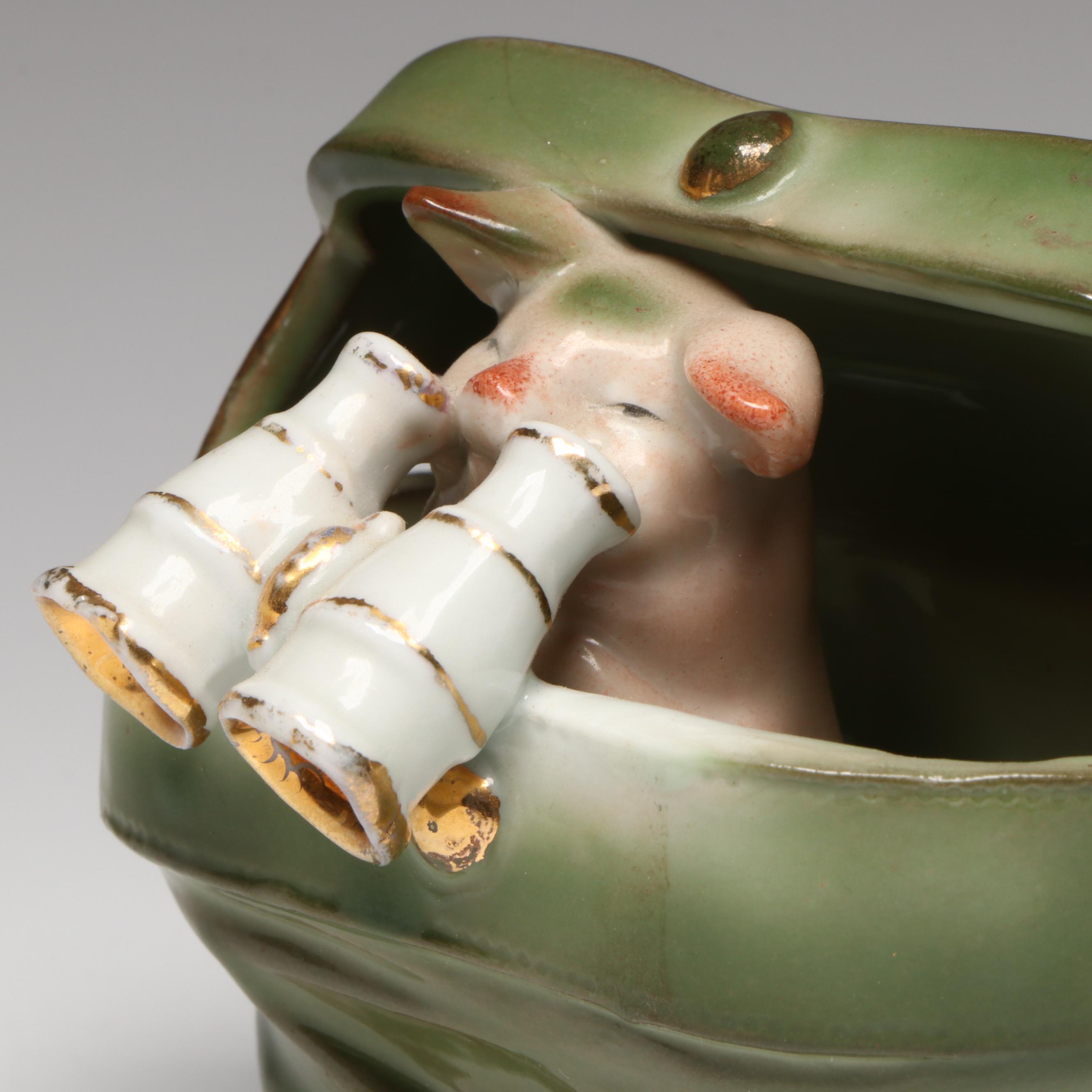 German Porcelain Fairing Pig Opera Glasses Figurine, Early 20th Century