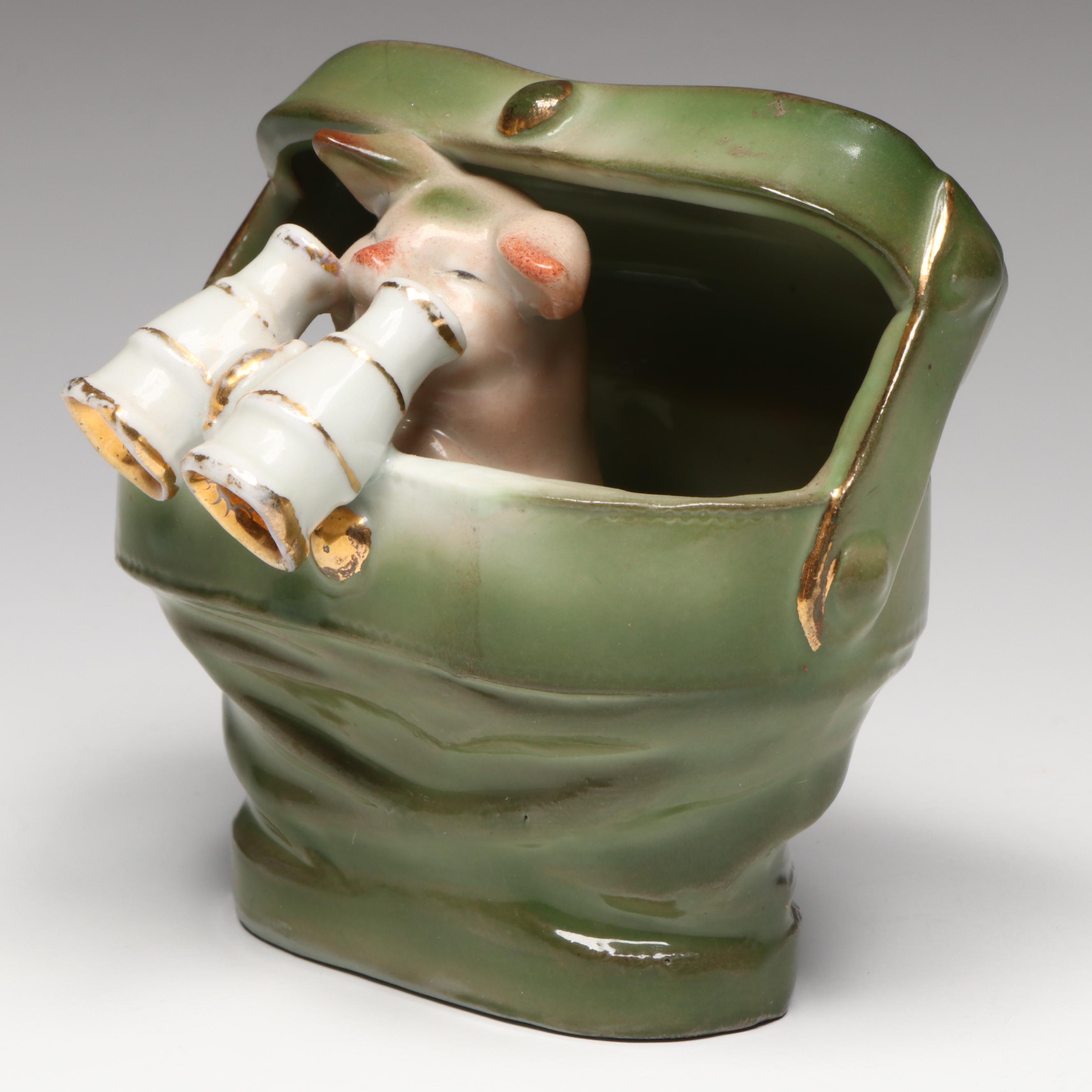 German Porcelain Fairing Pig Opera Glasses Figurine, Early 20th Century
