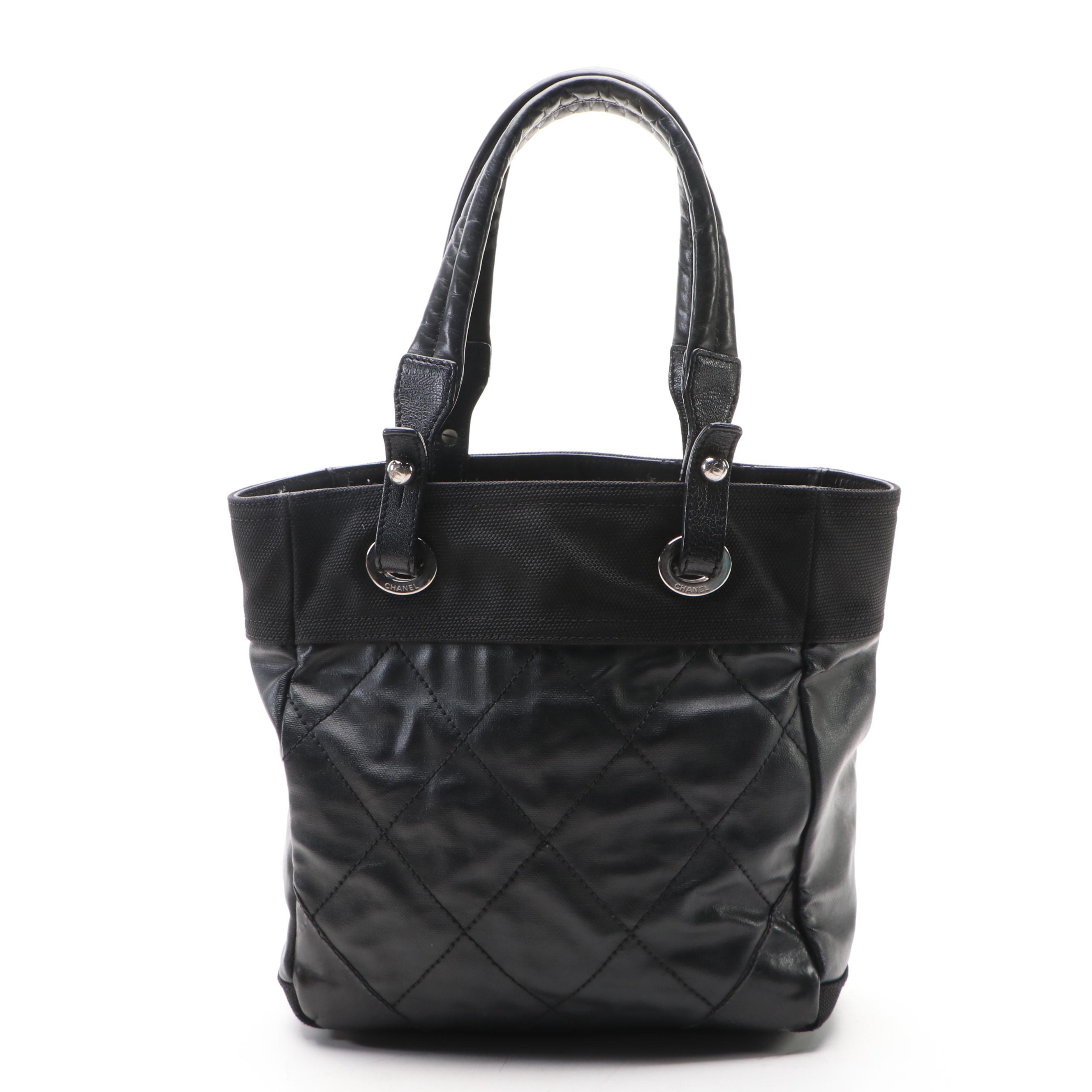 Chanel Biarritz PM Shoulder Bag Tote in Black Canvas with Leather Trim