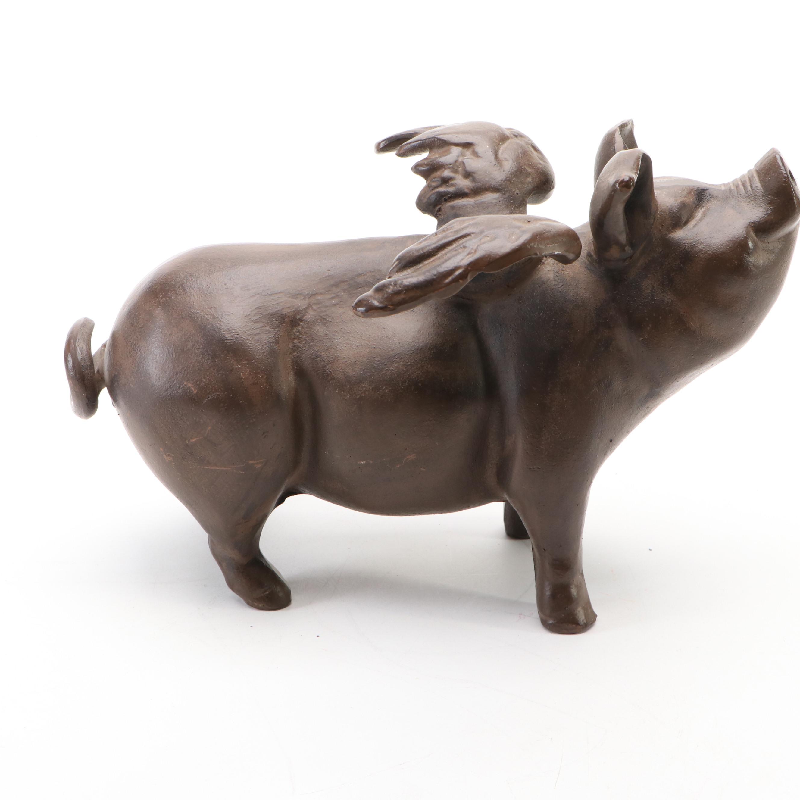Bronze Finished Metal Flying Pig Figurine