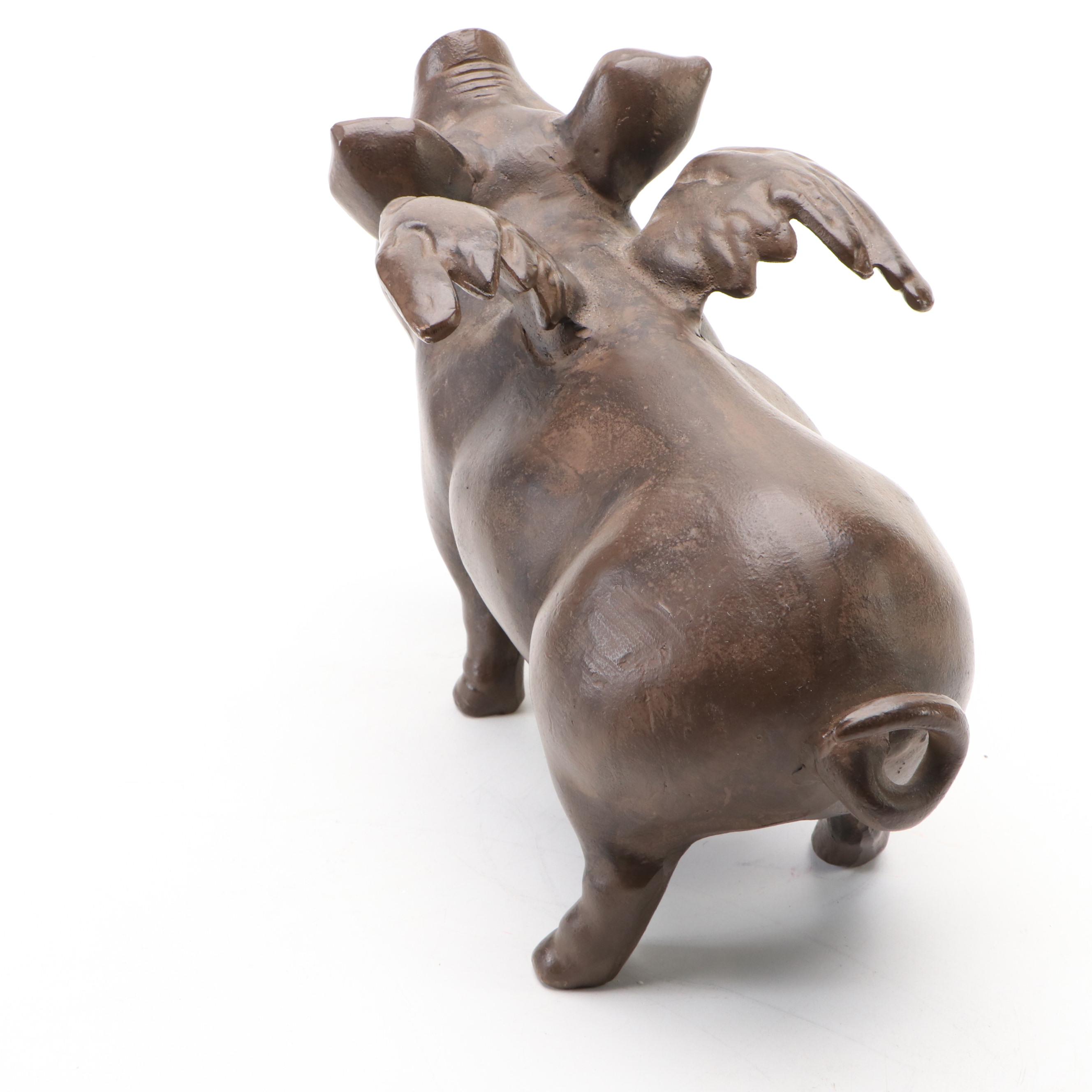 Bronze Finished Metal Flying Pig Figurine