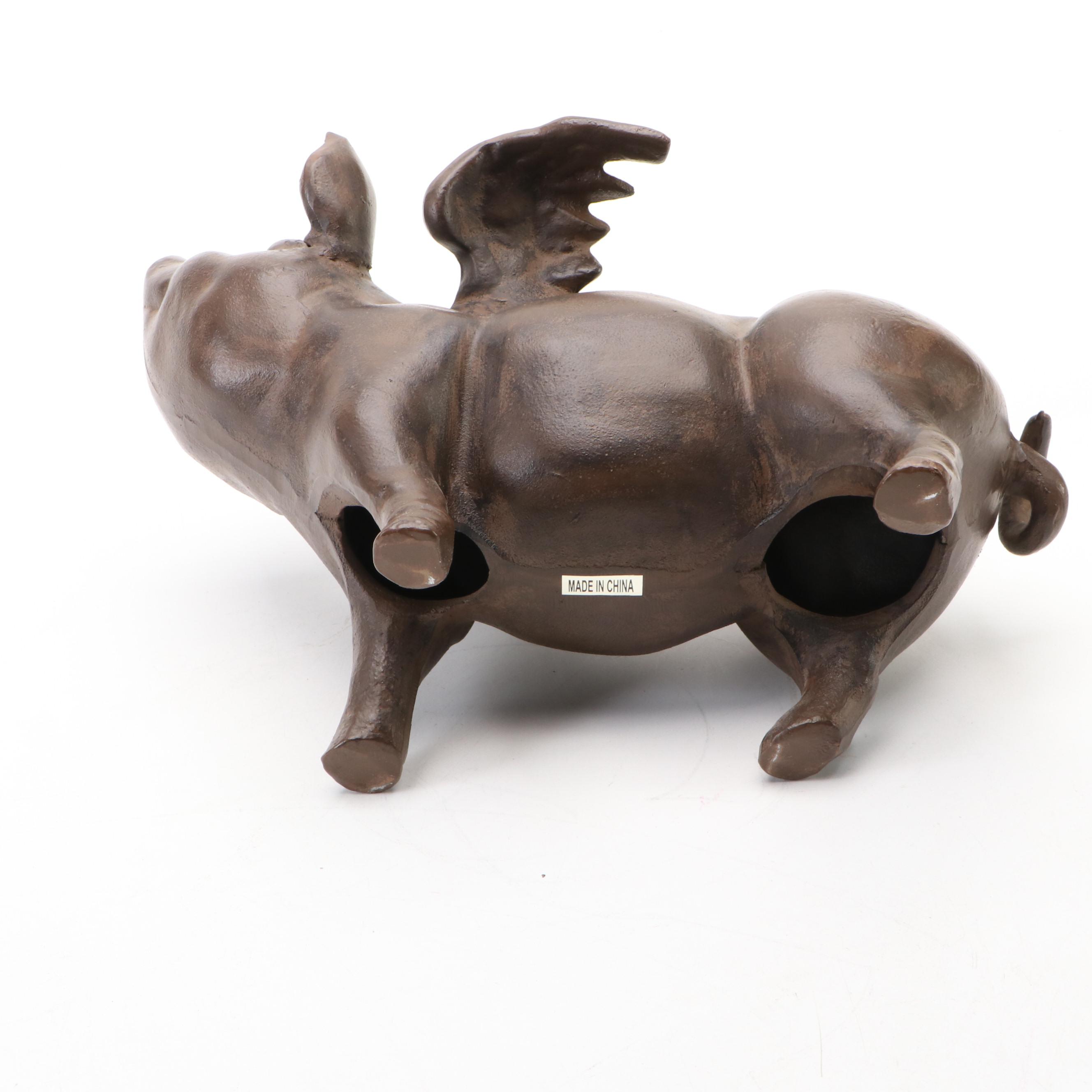 Bronze Finished Metal Flying Pig Figurine
