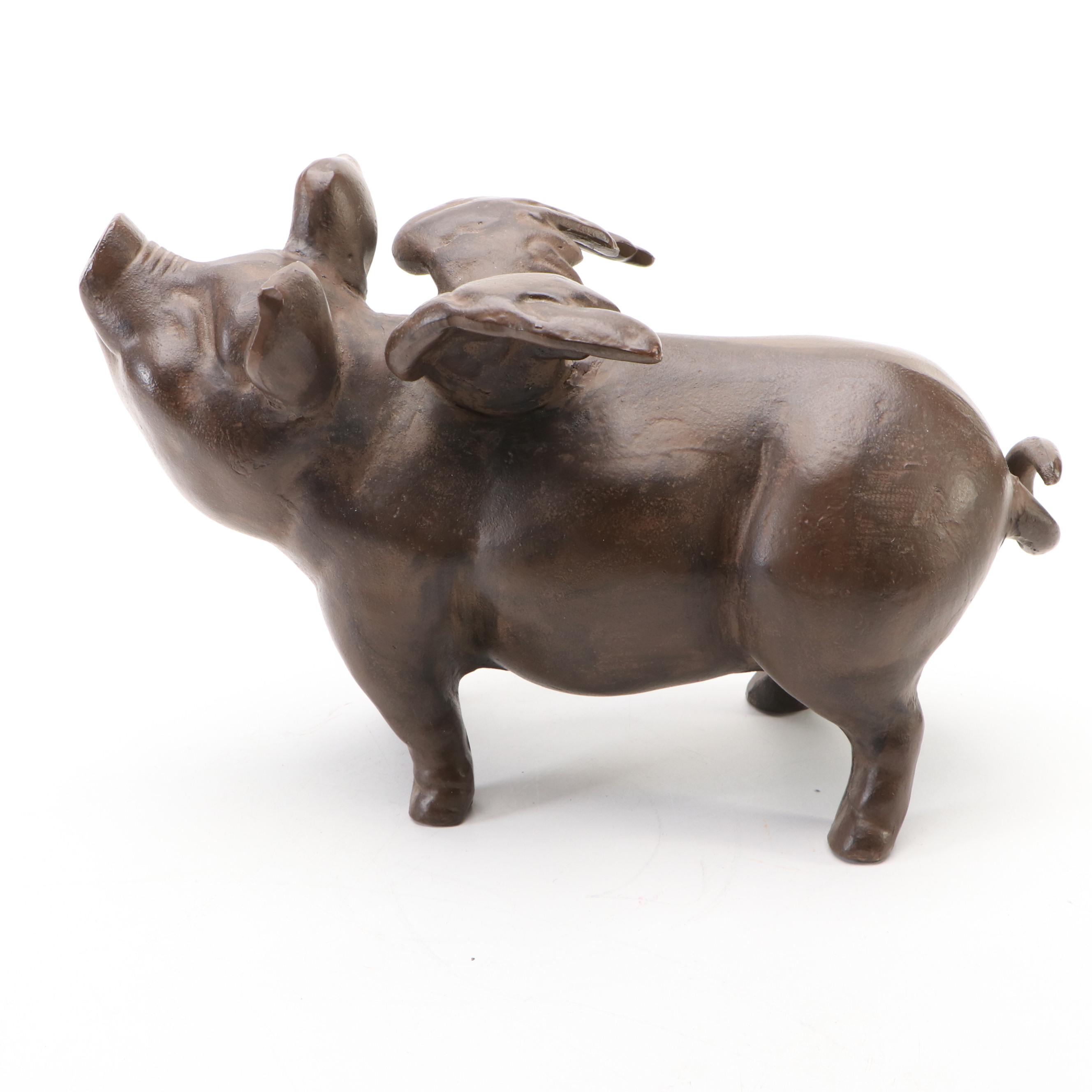 Bronze Finished Metal Flying Pig Figurine