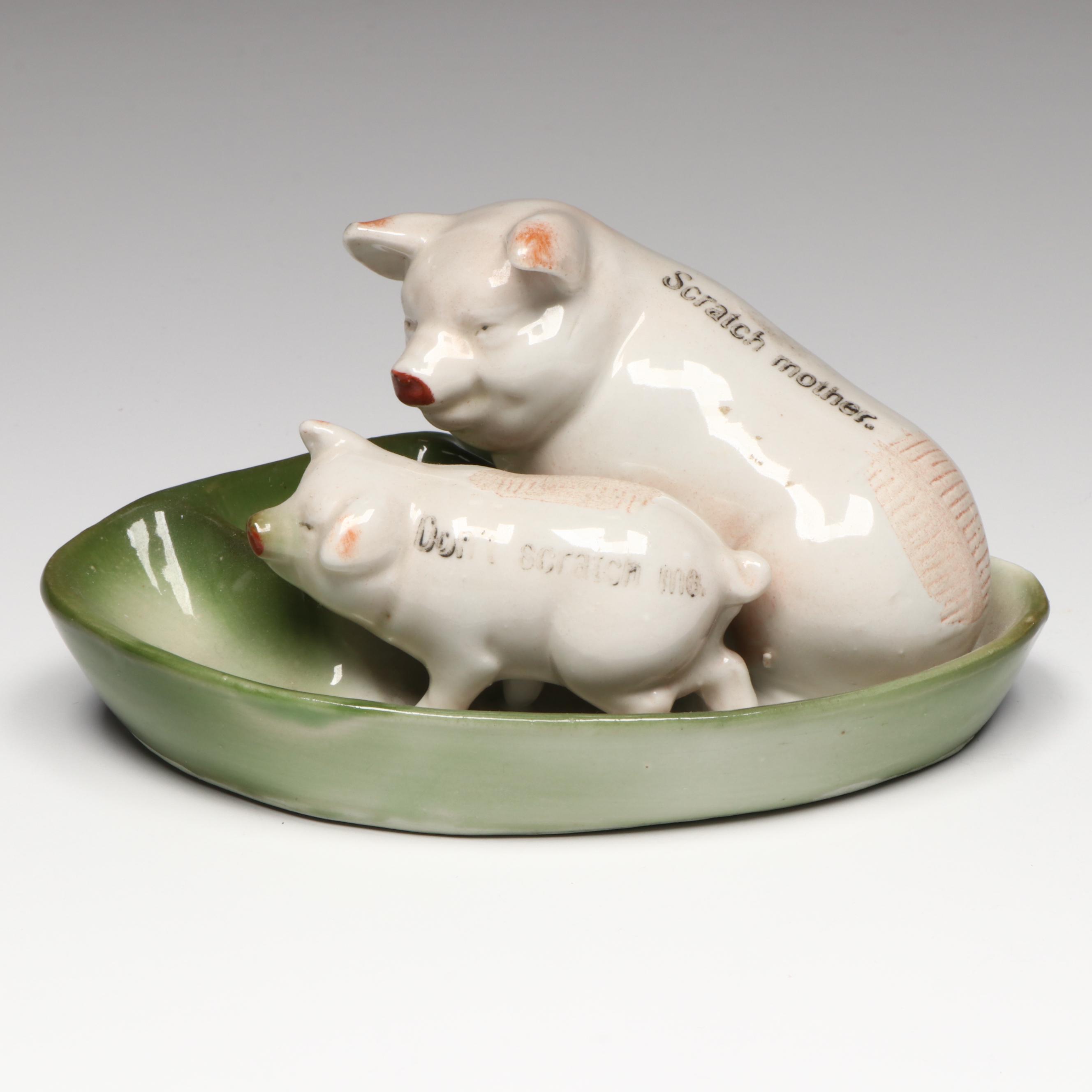 German Porcelain Fairing Pig Match Striker Ashtray, Early 20th Century