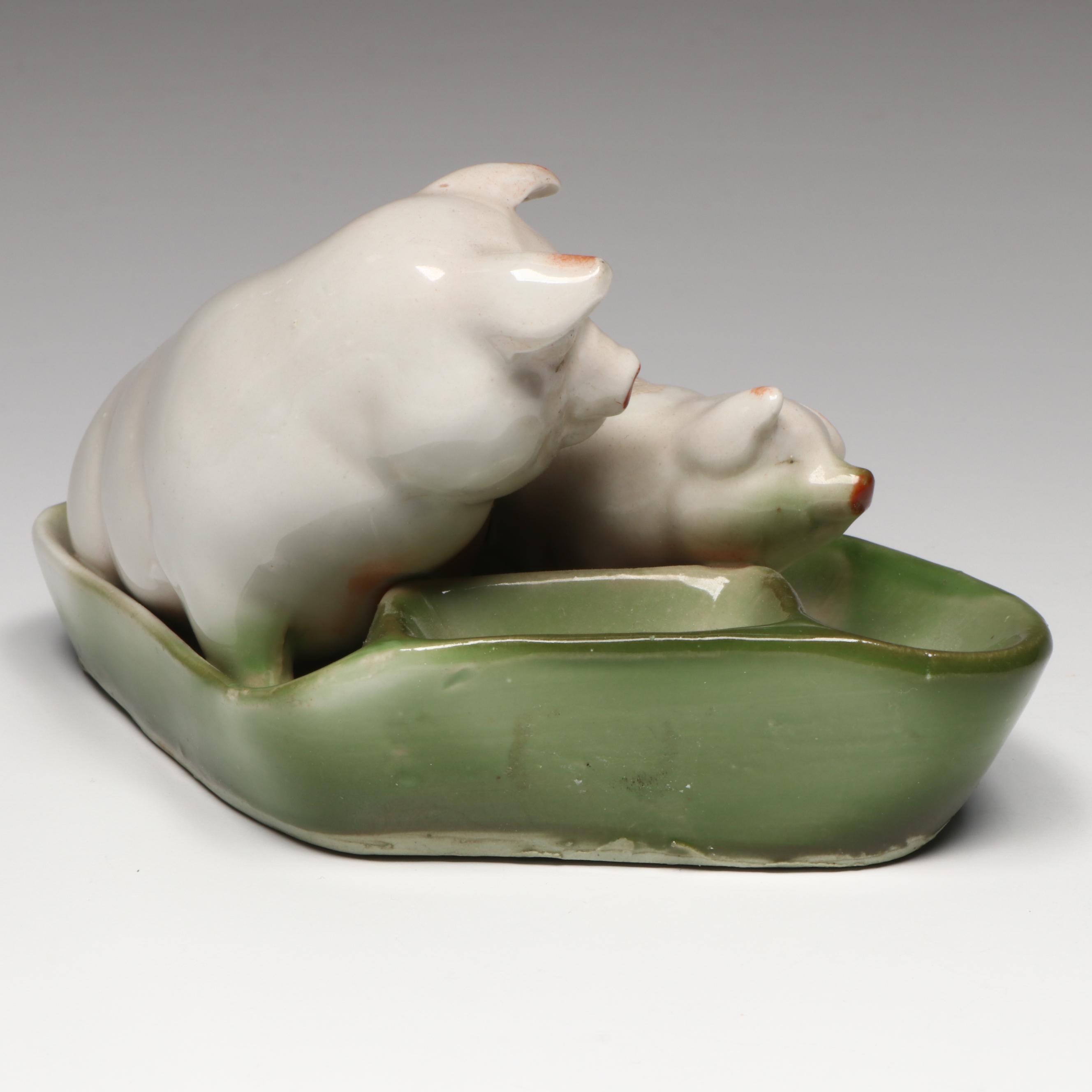 German Porcelain Fairing Pig Match Striker Ashtray, Early 20th Century