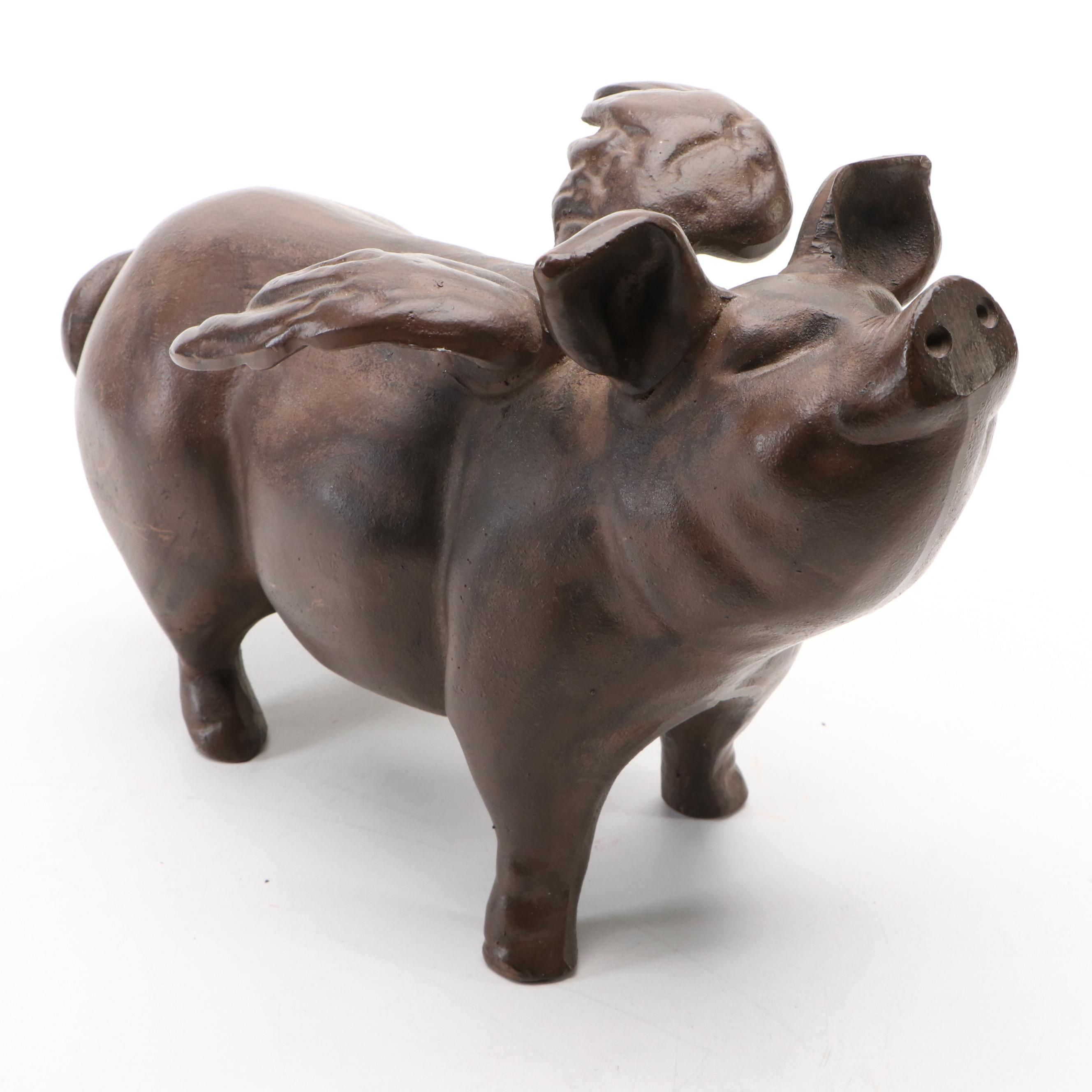 Bronze Finished Metal Flying Pig Figurine