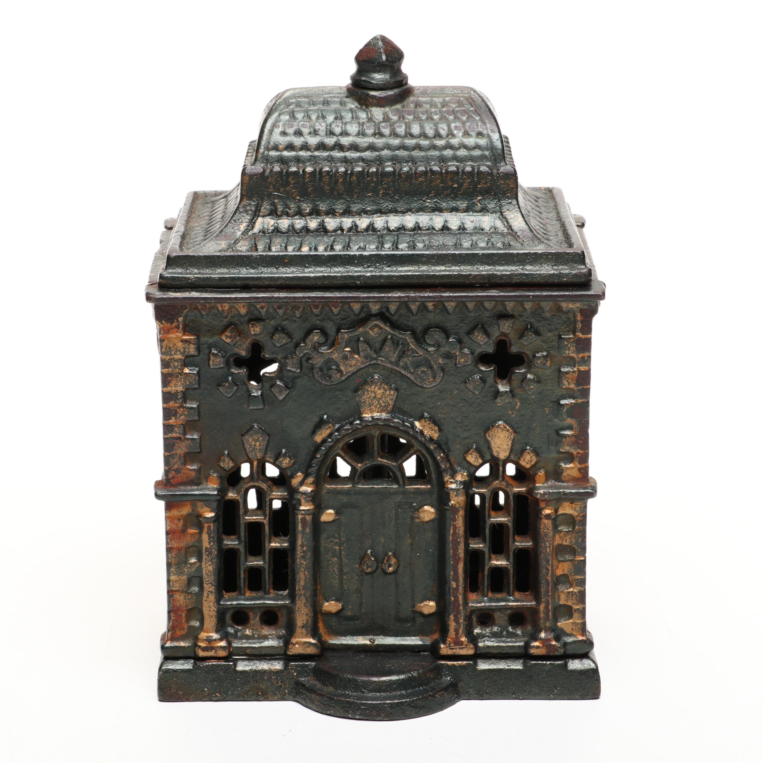 Stevens Style Cold-Painted Cast Iron Victorian Bank Building Coin Bank