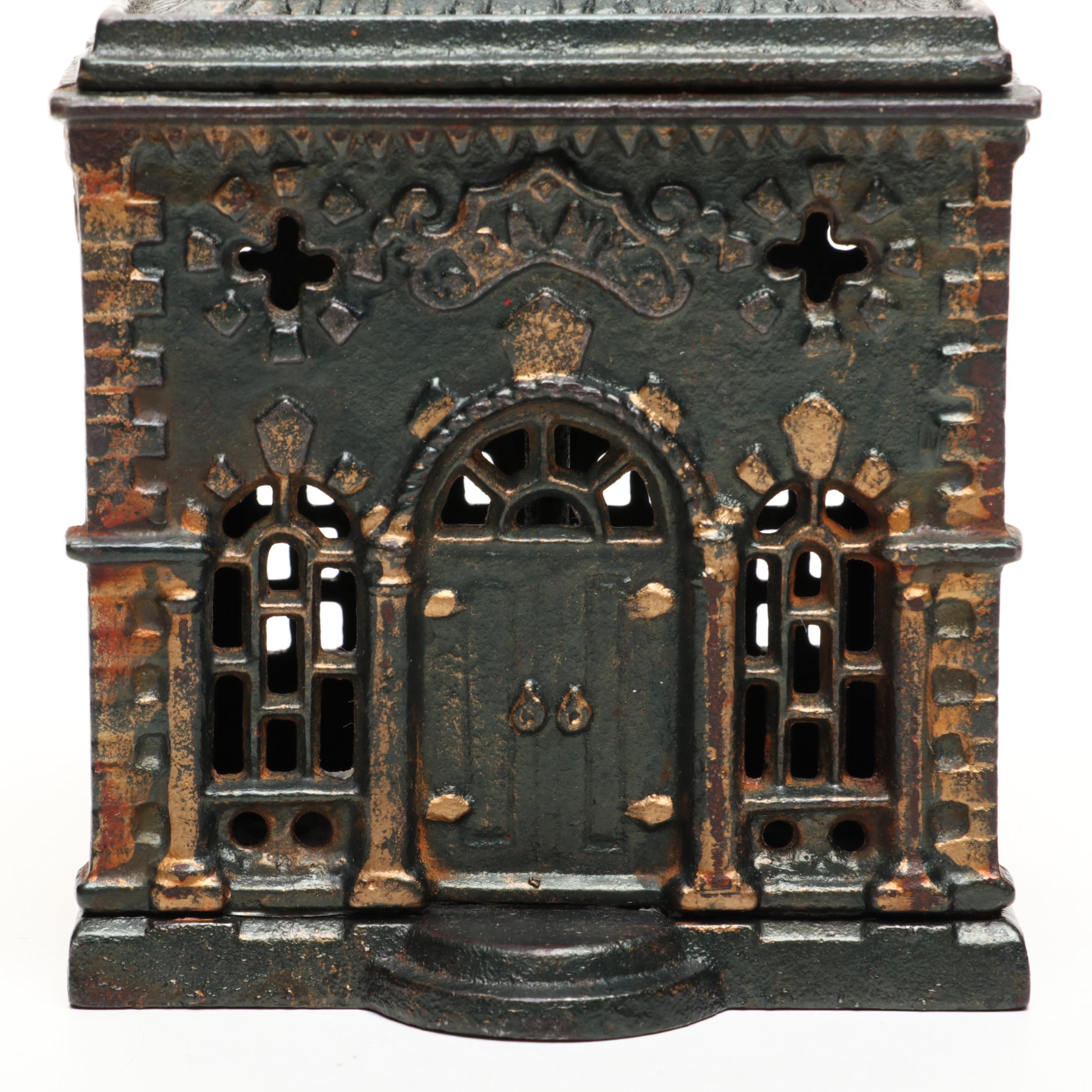 Stevens Style Cold-Painted Cast Iron Victorian Bank Building Coin Bank