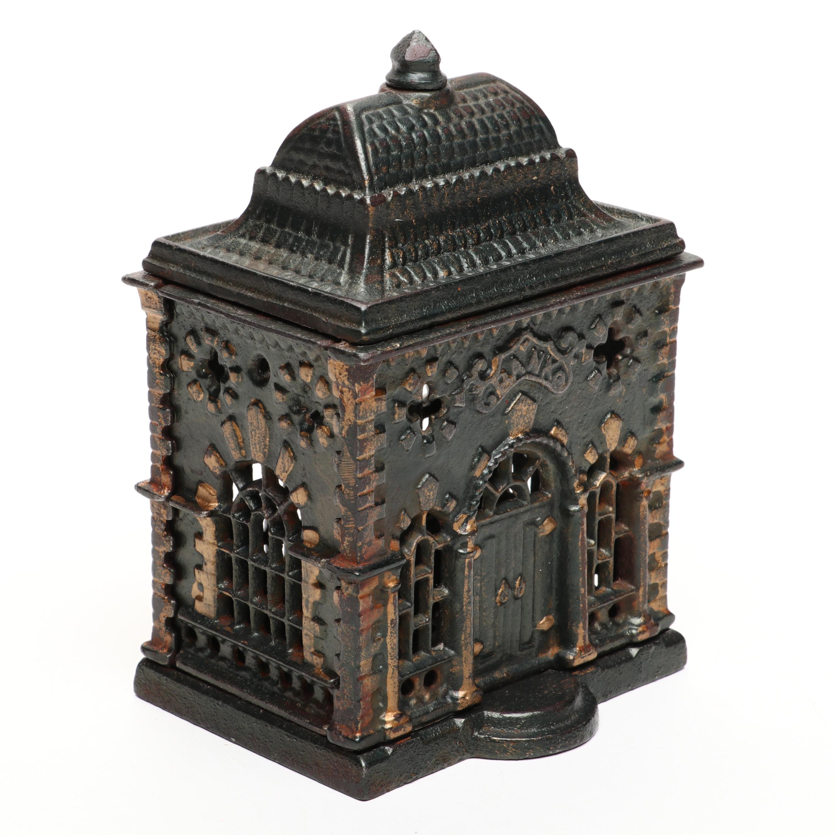 Stevens Style Cold-Painted Cast Iron Victorian Bank Building Coin Bank