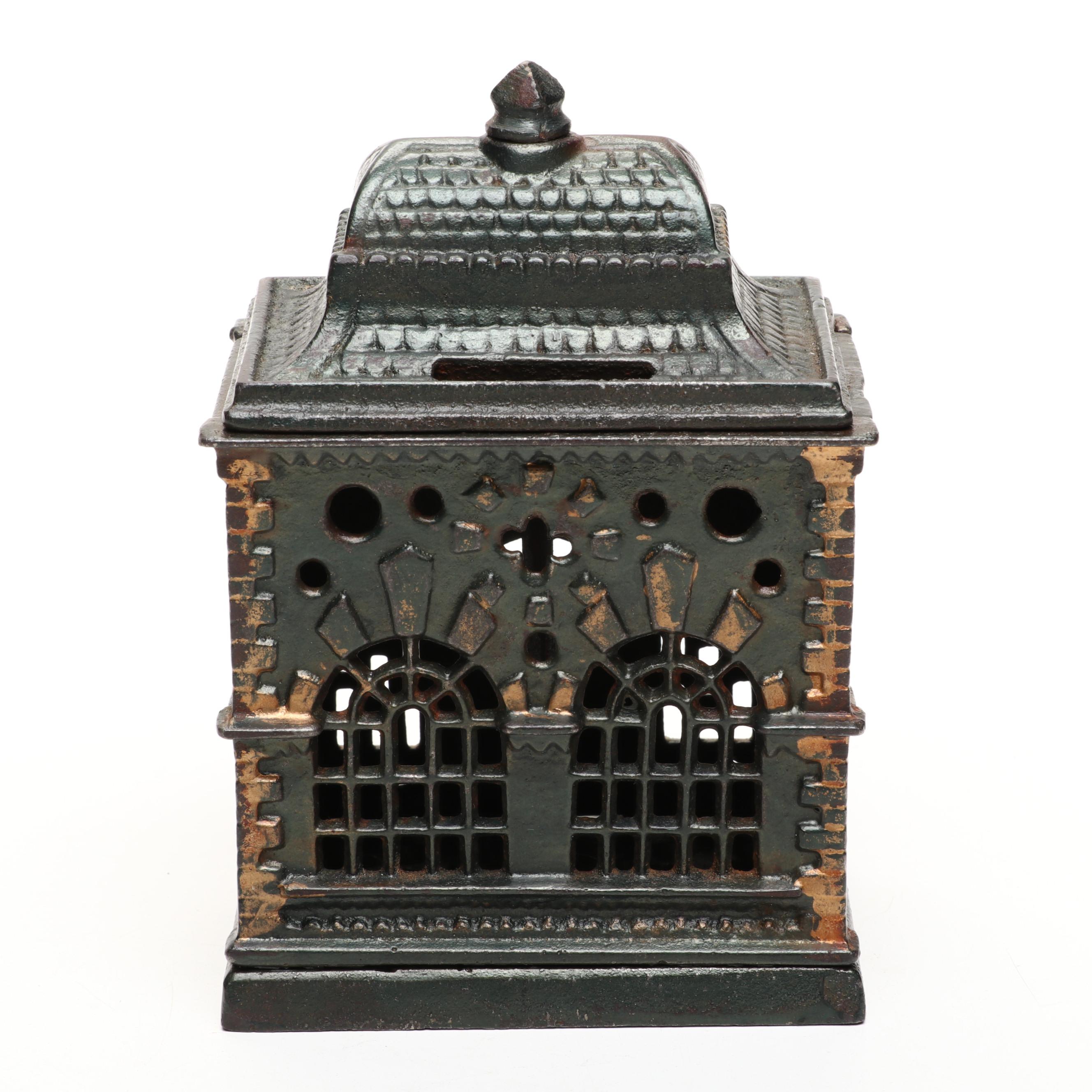 Stevens Style Cold-Painted Cast Iron Victorian Bank Building Coin Bank