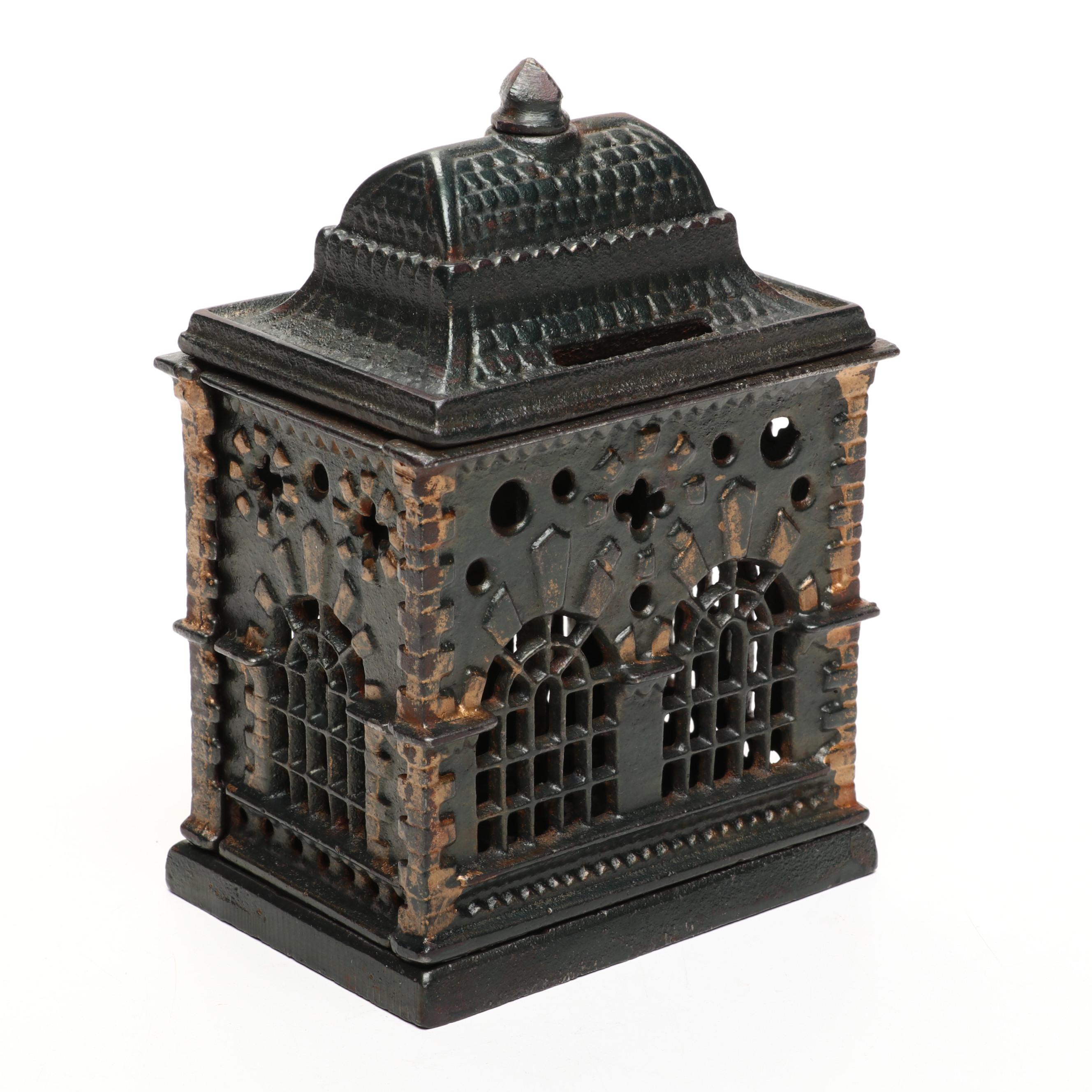 Stevens Style Cold-Painted Cast Iron Victorian Bank Building Coin Bank