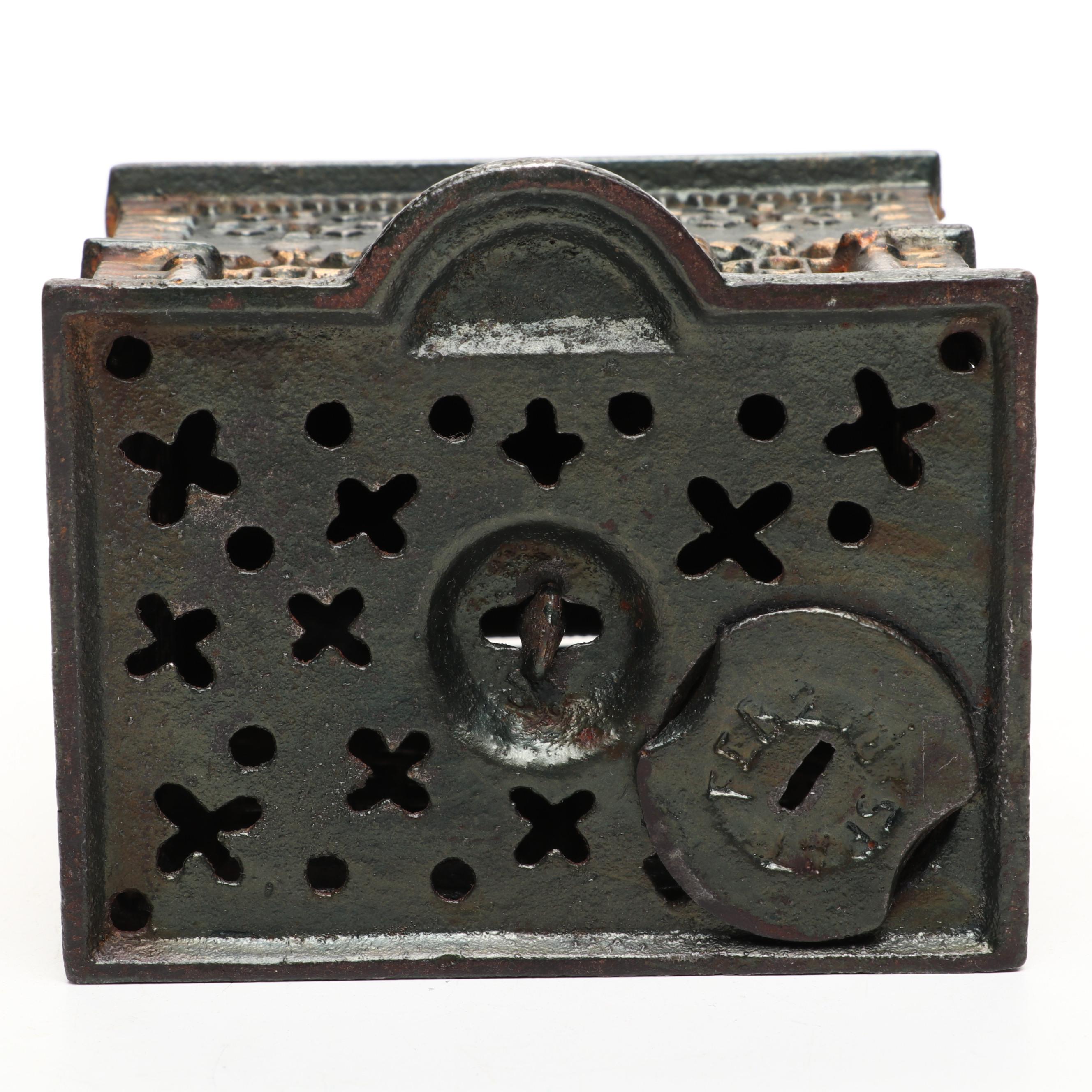 Stevens Style Cold-Painted Cast Iron Victorian Bank Building Coin Bank