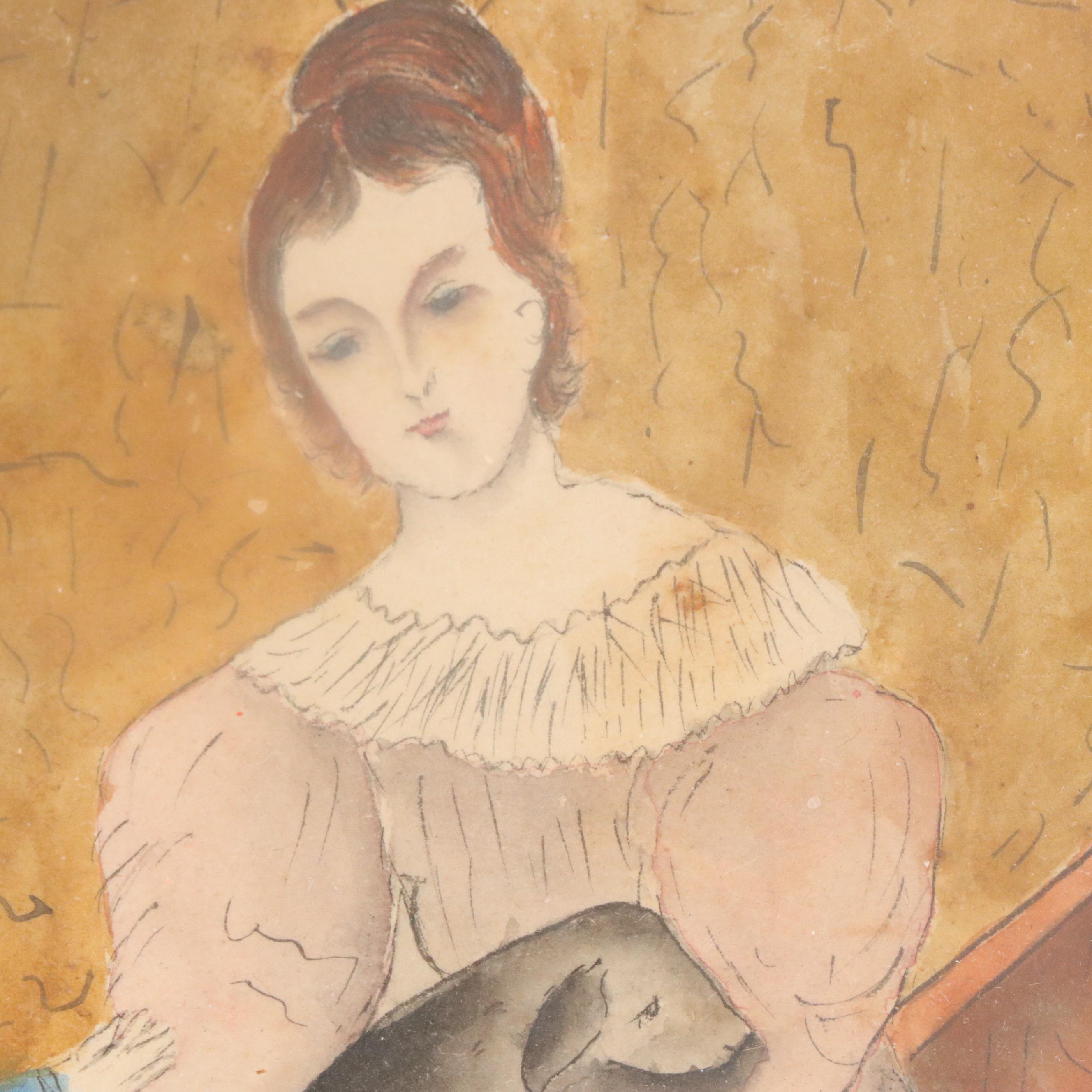 American Folk Art Genre Scene Watercolor Painting