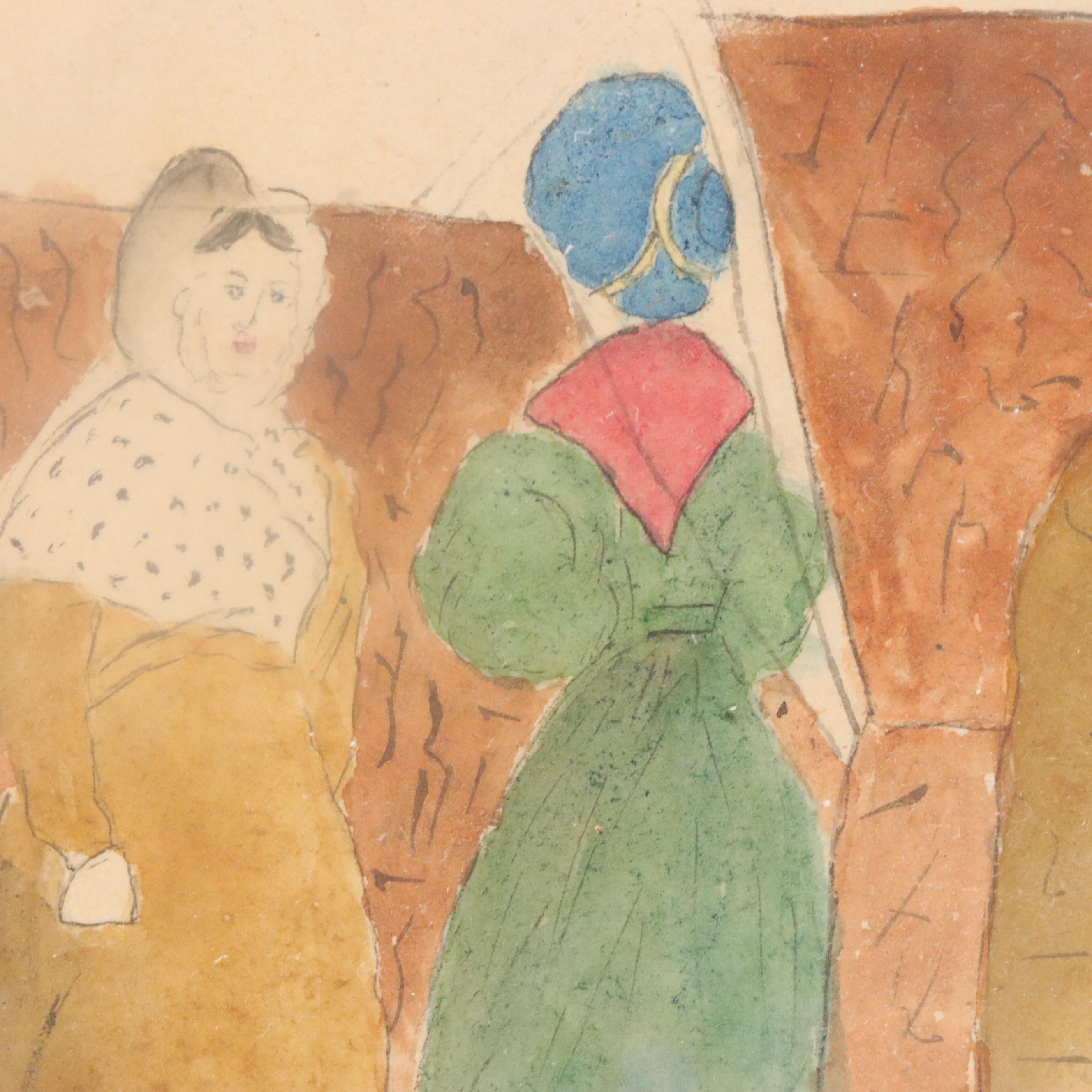 American Folk Art Genre Scene Watercolor Painting