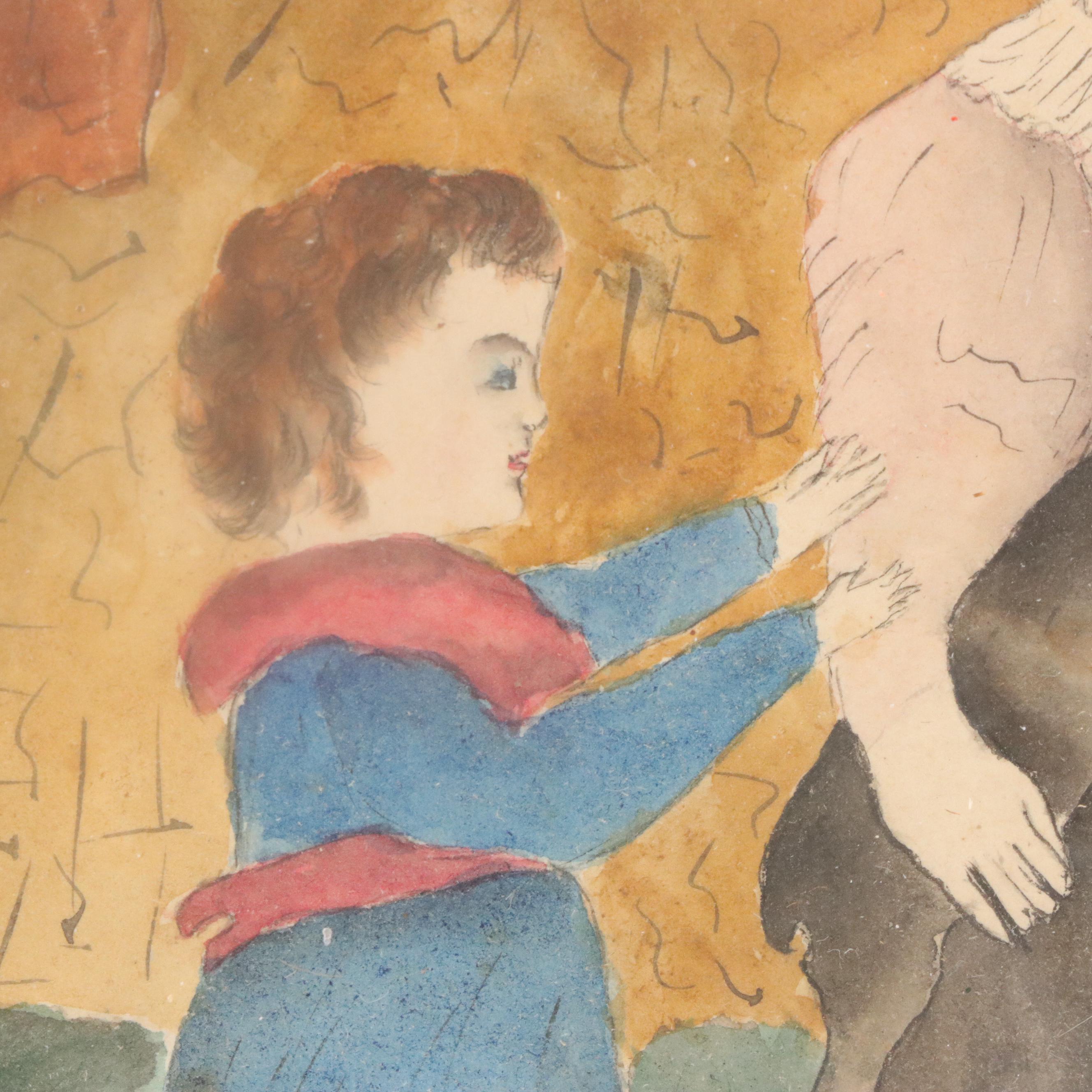 American Folk Art Genre Scene Watercolor Painting