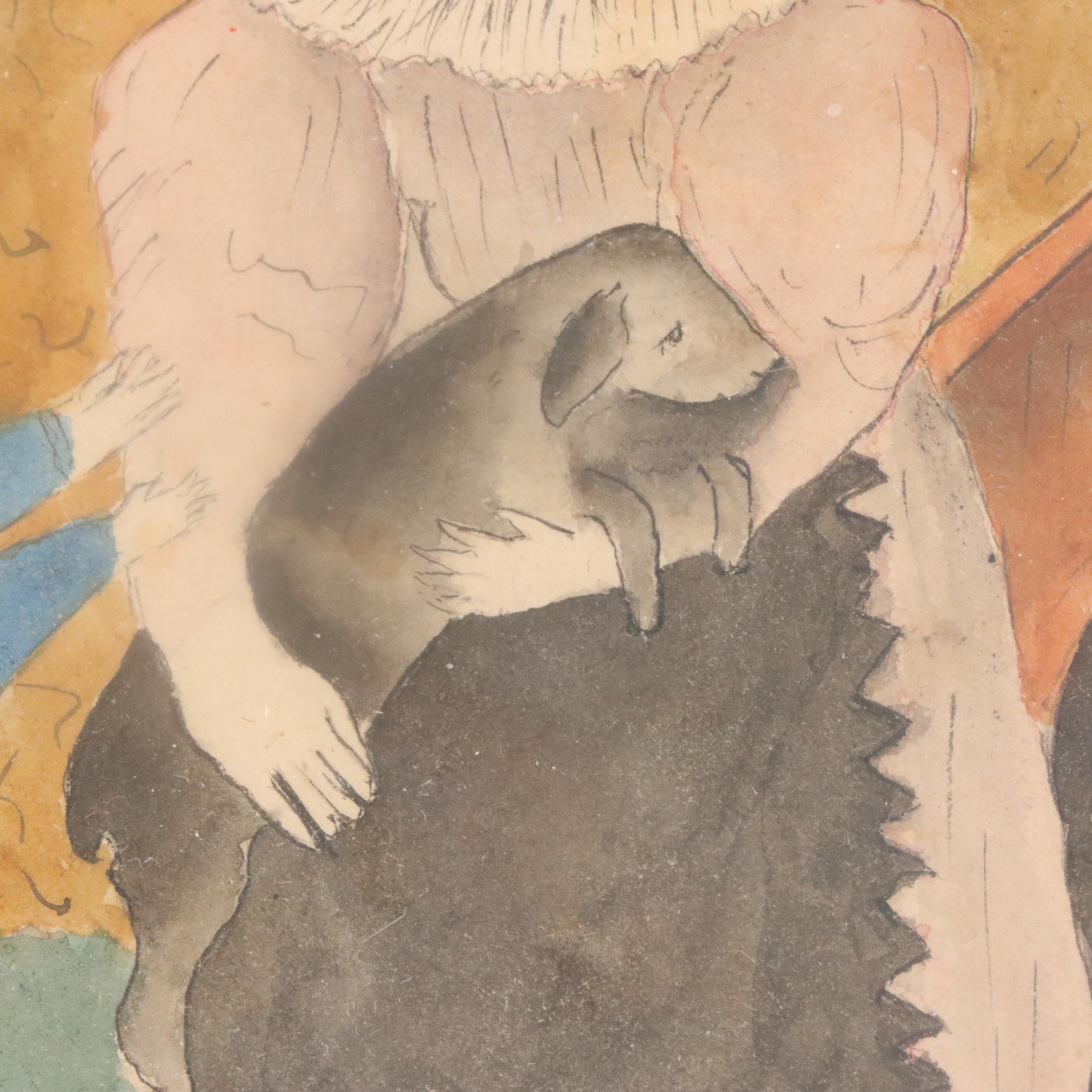 American Folk Art Genre Scene Watercolor Painting