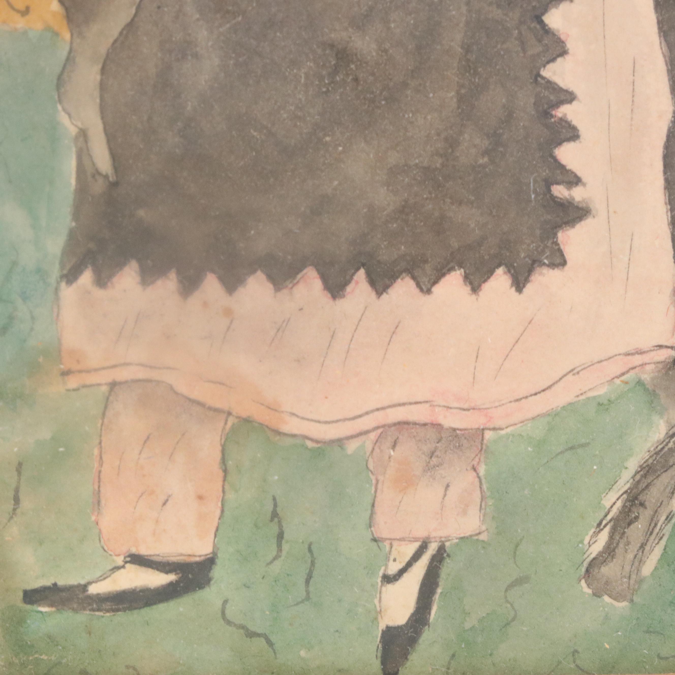 American Folk Art Genre Scene Watercolor Painting